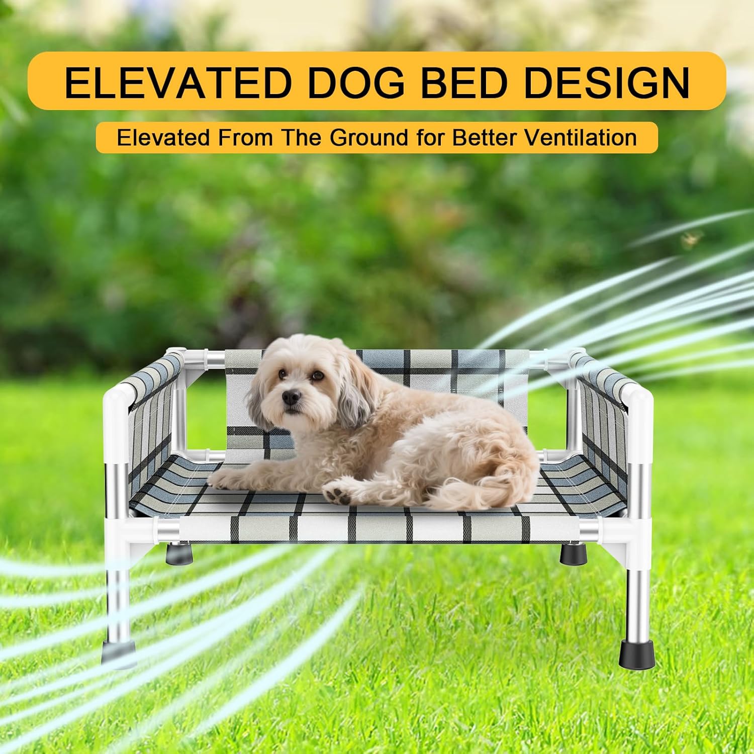 Elevated Raised Outdoor Dog Bed - Cooling Washable Dog Cot with Guardrail, Durable & Breathable Cotton Mesh Pet Hammock Beds with Stainless Steel Pipe Frame for Small Pets (20'' x 20'' x 12'')