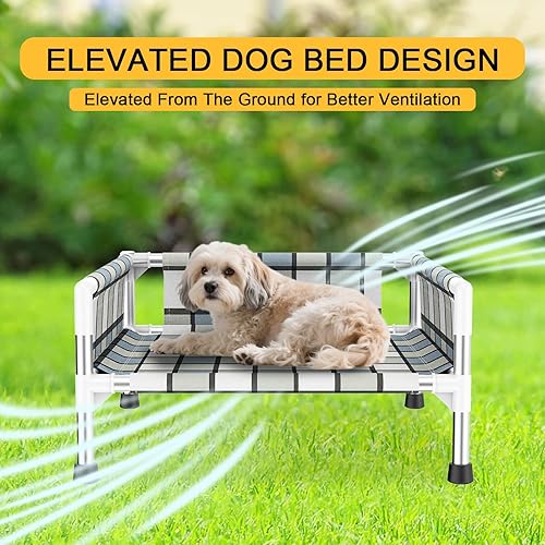 Miniatura 4 de Cama elevada elevada para perros al aire libre  Cuna fresca y lavable con barandilla, cama de malla de algodón duradera y transpirable para mascotas