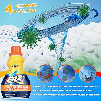 Biz Laundry Detergent Liquid Booster, Stain and Odor Eliminator for Tough Stains Like Sweat Grass and Food Grease, Best Stain Remover for Clothes, Color Safe, Bleach Free, 2 Pack, 100 fl oz Total