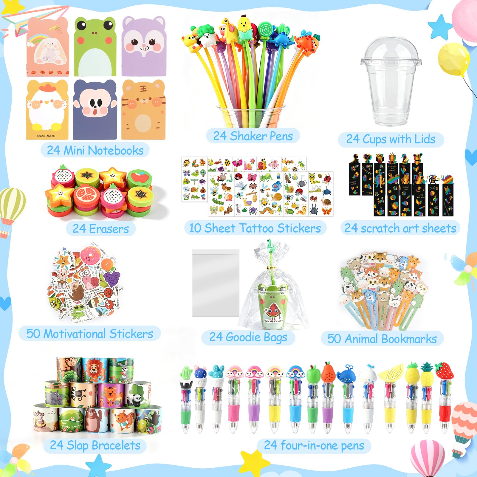 322 pezzi Goodie Bag Stuffers - Bulk Cancelleria Bomboniere per studenti | Ricompense in classe, regali di ritorno di compleanno, include mini quaderni, braccialetti schiaffi, adesivi, graffio