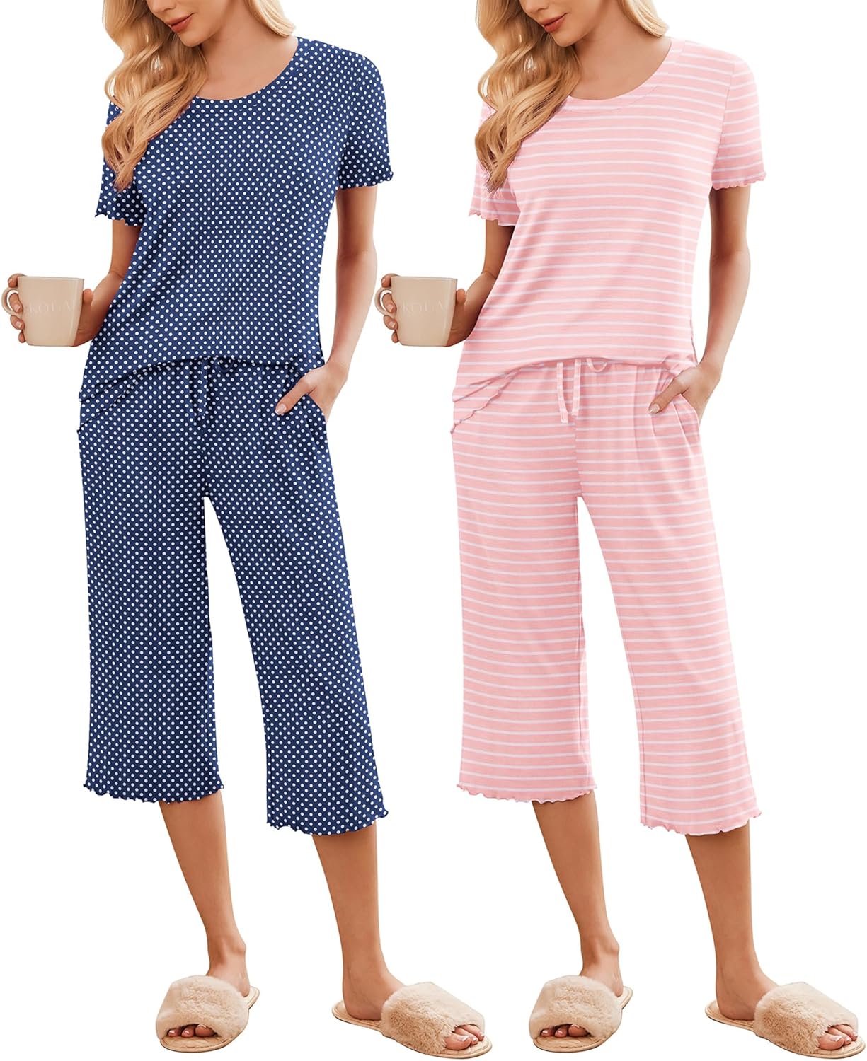 Ekouaer 2 Pack: Women's Pajamas Set Short Sleeve Sleepwear Capri Pants Pjs Soft Loungewear with Pockets