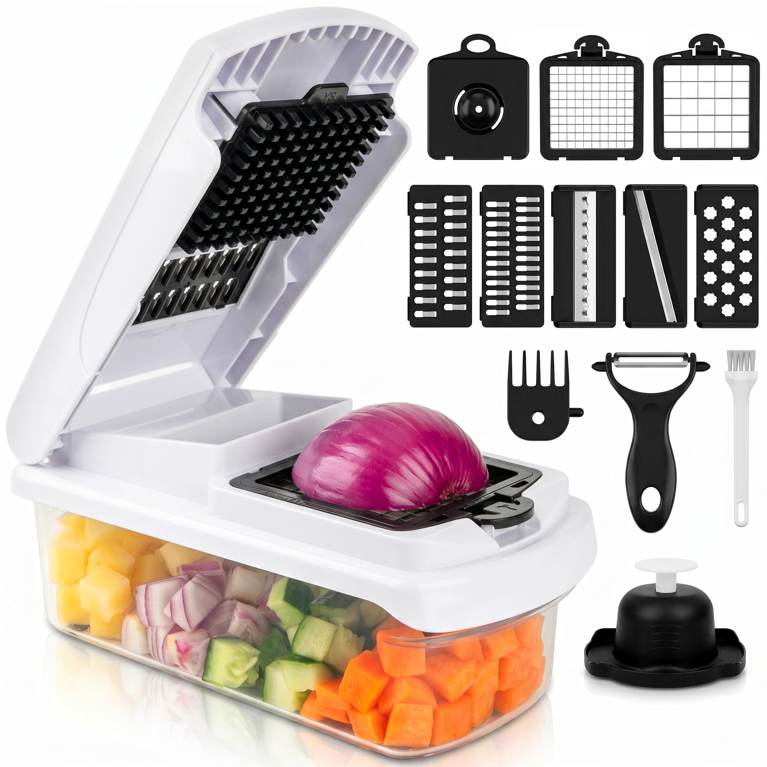 SarbLand Vegetable Chopper with Lid, Multifunctional Vegetable Cutter & Salad Chopper Box with Lid, Manual Dicer for Onion, Potato & Meal Prep, Includes Peeler, Heat Resistant Design