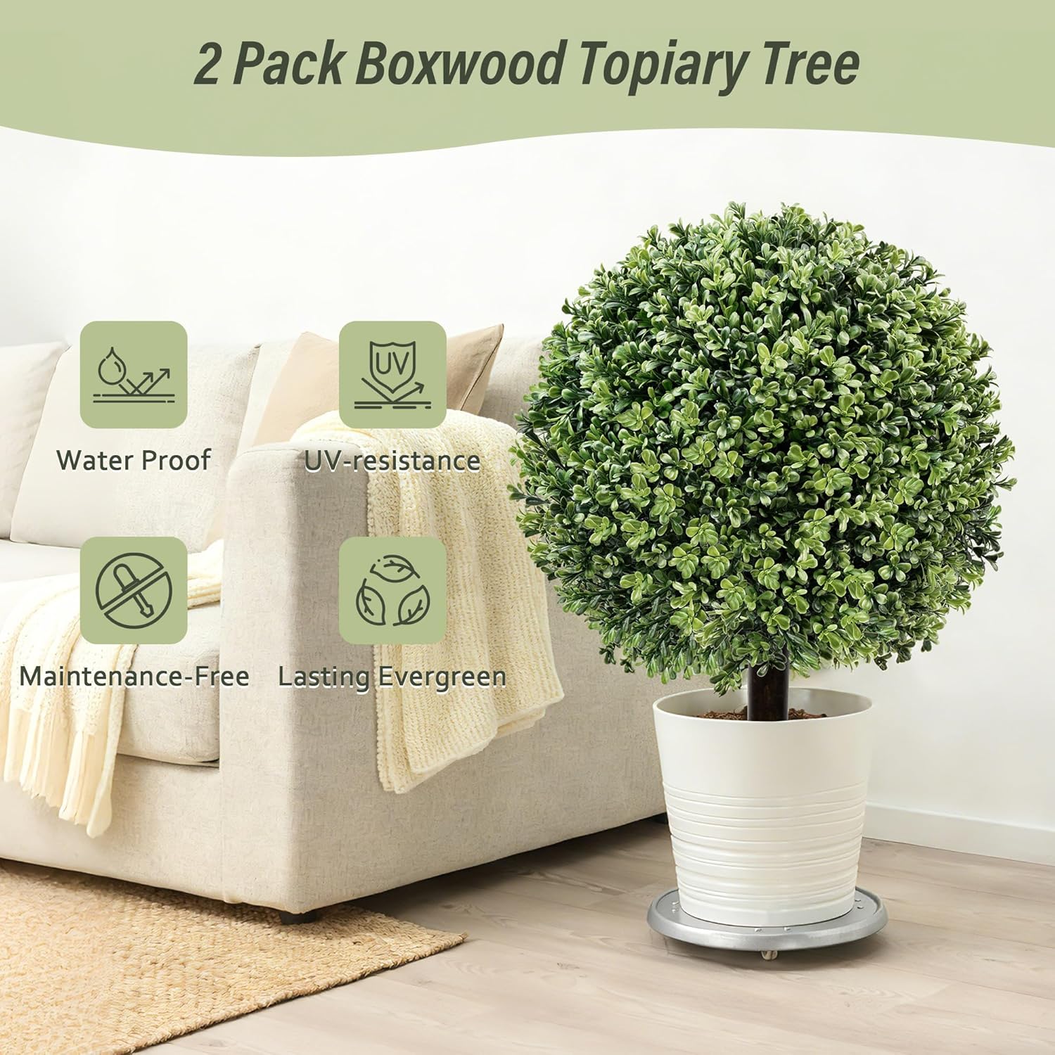 24 Inch Artificial Boxwood Topiary Ball Plant Tree Set of 2 with Ground Spike, UV-Resistant & Waterproof Faux Fake Bushes Shrubs Greenery Decor for Garden Patio Porch Entryway Indoor Outdoor