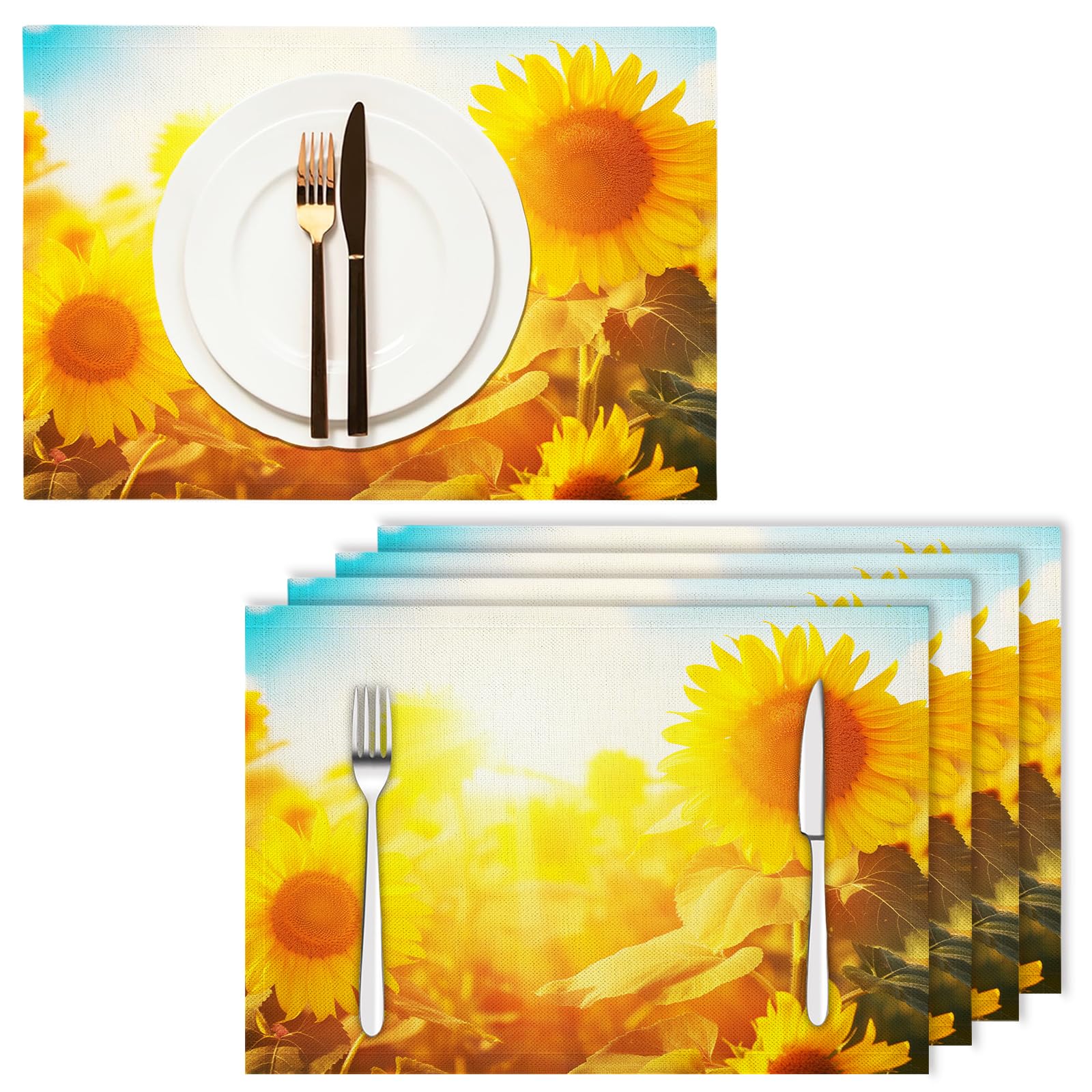Set di 8 Tovagliette Americane Lavabili Cotone Lino Fiori - Tovaglietta Americana Resistenti al Calore Durevole Girasole - per Colazione Pranzo 30×45 cm