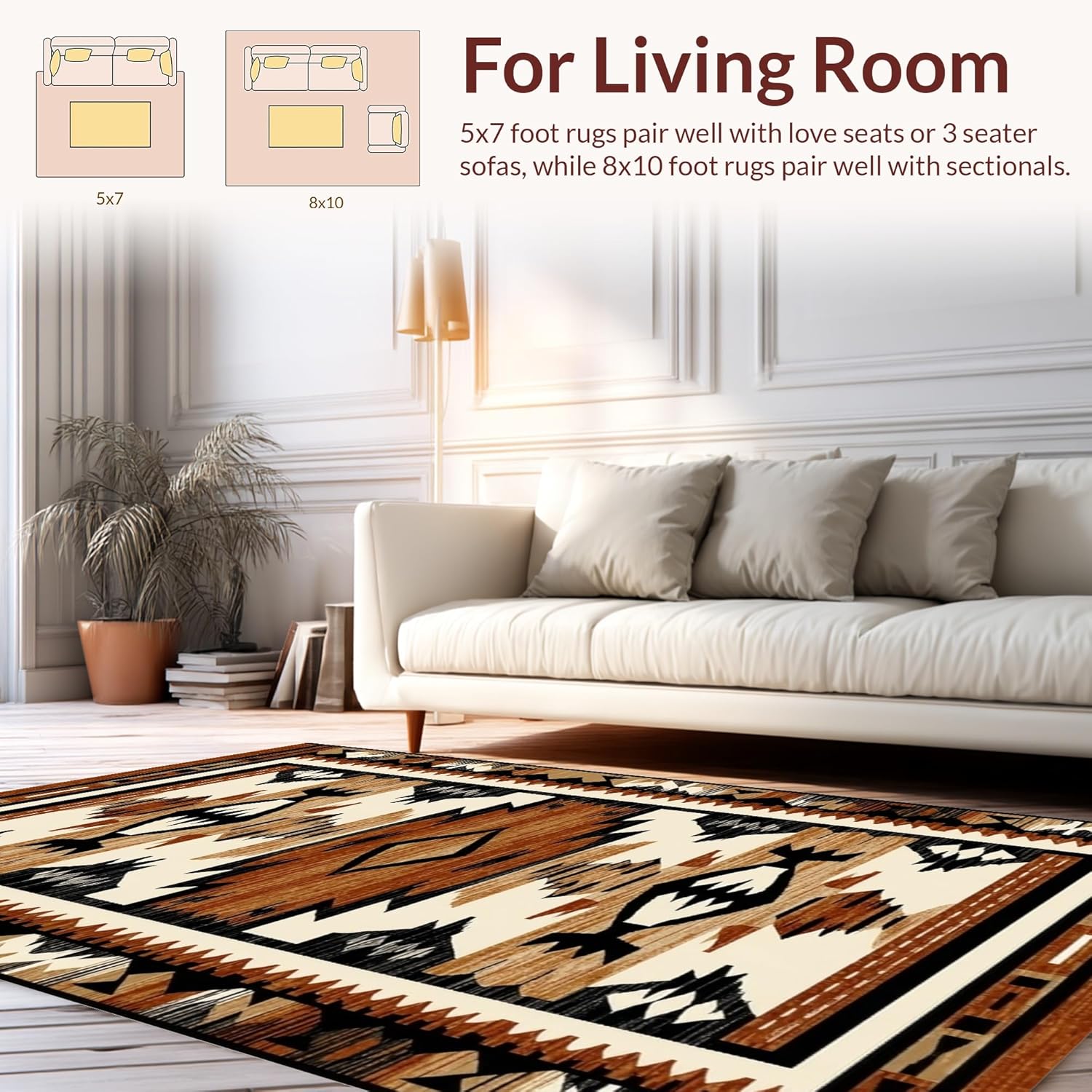 Flatwoven High Traffic Area Rug 6x9, Minimalist Earthy Patterned Inspiration, Non Slip, Stain Resistant, Washable Area Rugs for Living Room, Bedroom (Brown, 6x9)