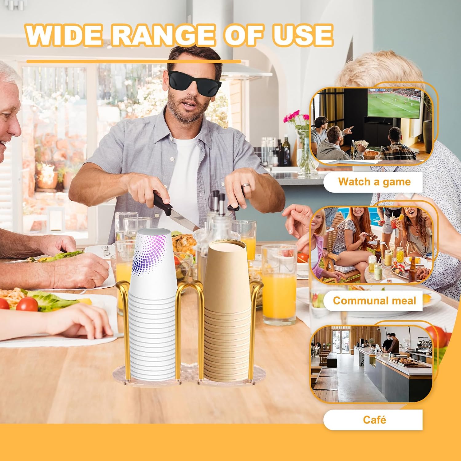 Double Slot Bathroom Cup Dispenser, Home Mouthwash Cup Holder for Countertop, Disposable Paper Glasses Holder Storage Rack for Kitchen Organizer (Gold)