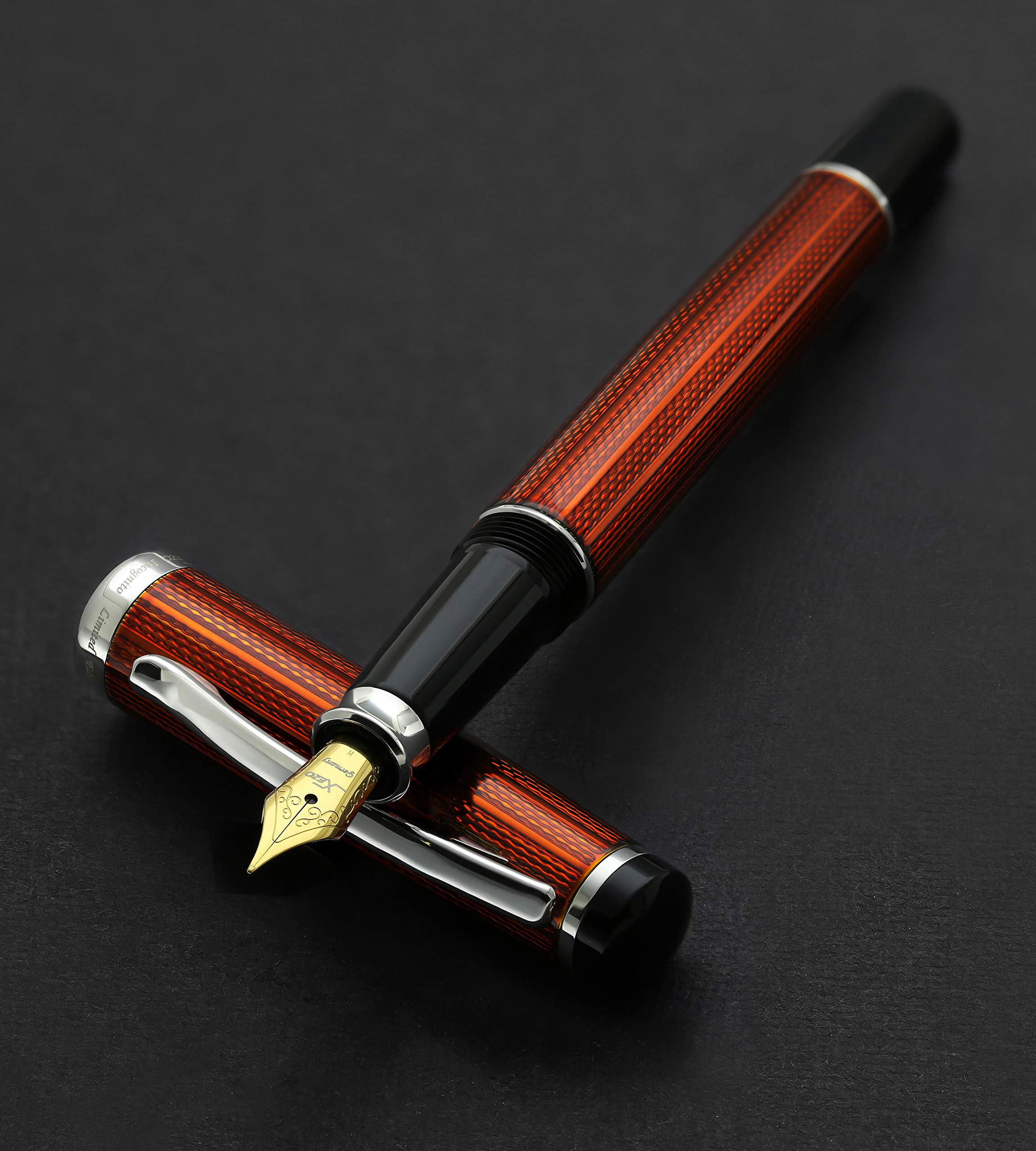 Xezo Incognito Fountain Pen, Medium Nib. Sunstone Orange Layered Lacquer with Pure Platinum Plating. Handcrafted, Limited Edition, Serialized