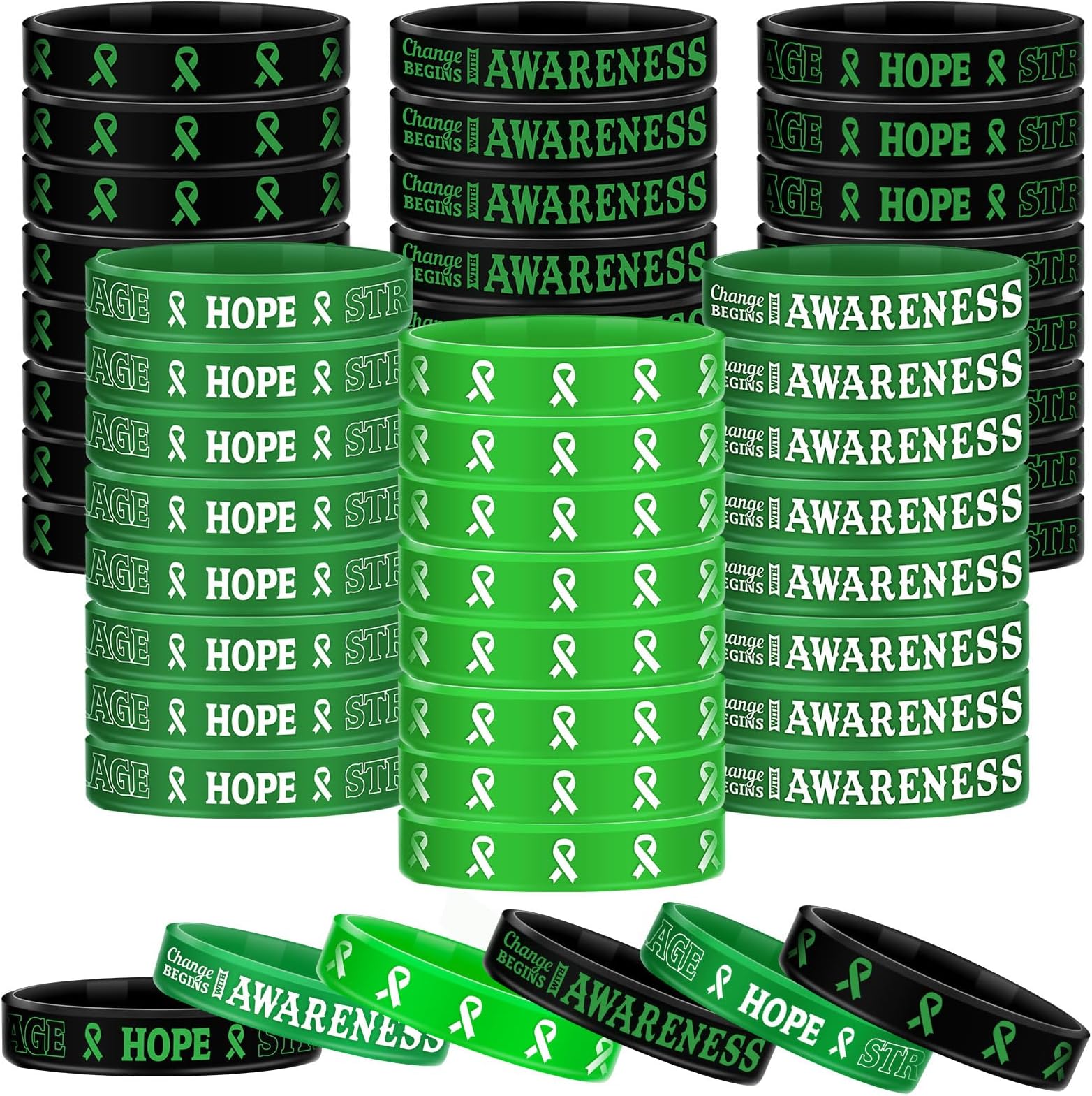 Mental Health Awareness Bracelet Green Awareness Ribbon Silicone Bracelets with Inspirational Saying Unisex Depression Bracelet for Women Men, 6 Styles