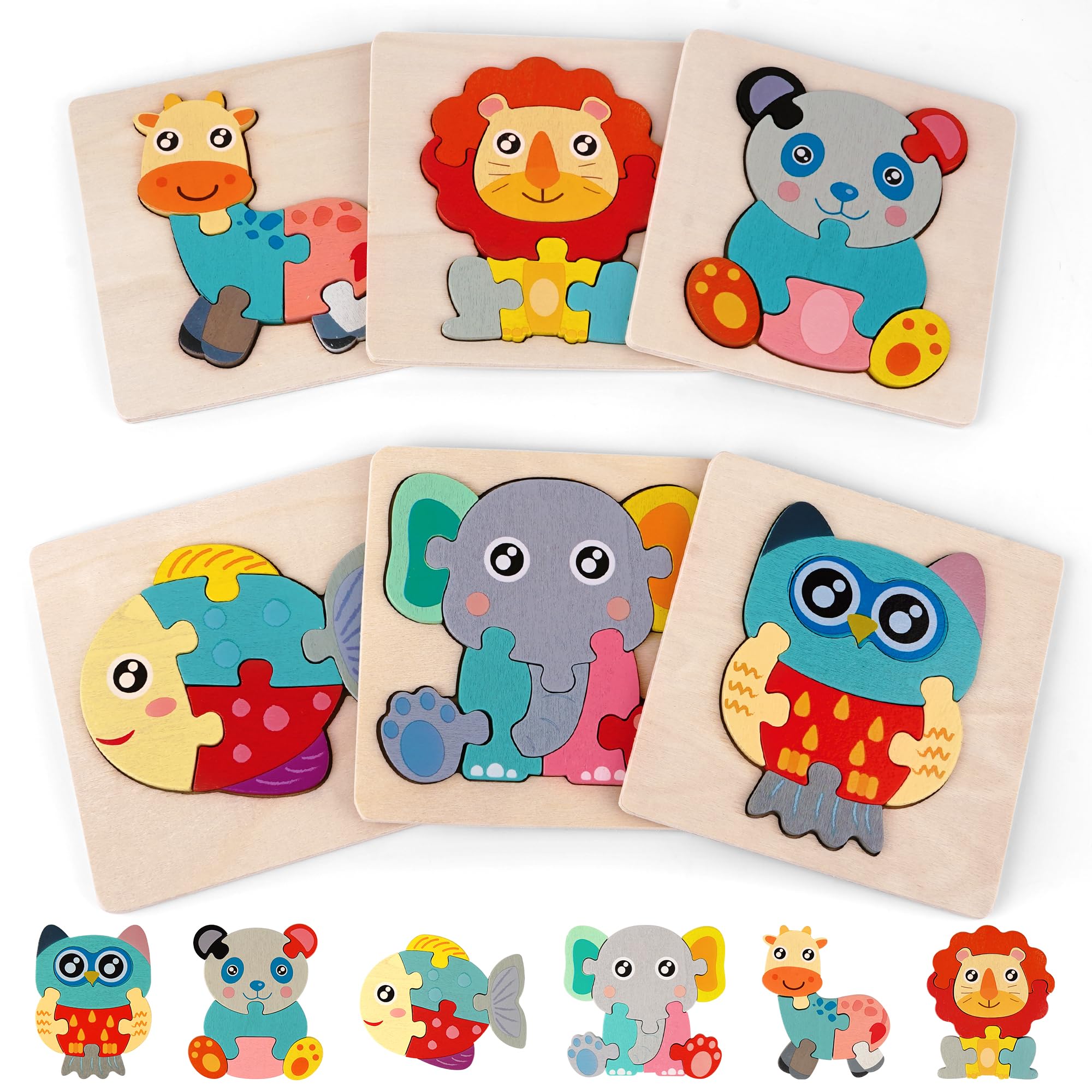 Kihhvlo Rompecabezas de Madera para niños – 6 Piezas Rompecabezas de Animales Montessori Juegos niño educativos, Madera Juguetes niños para 1 2 3 4 años