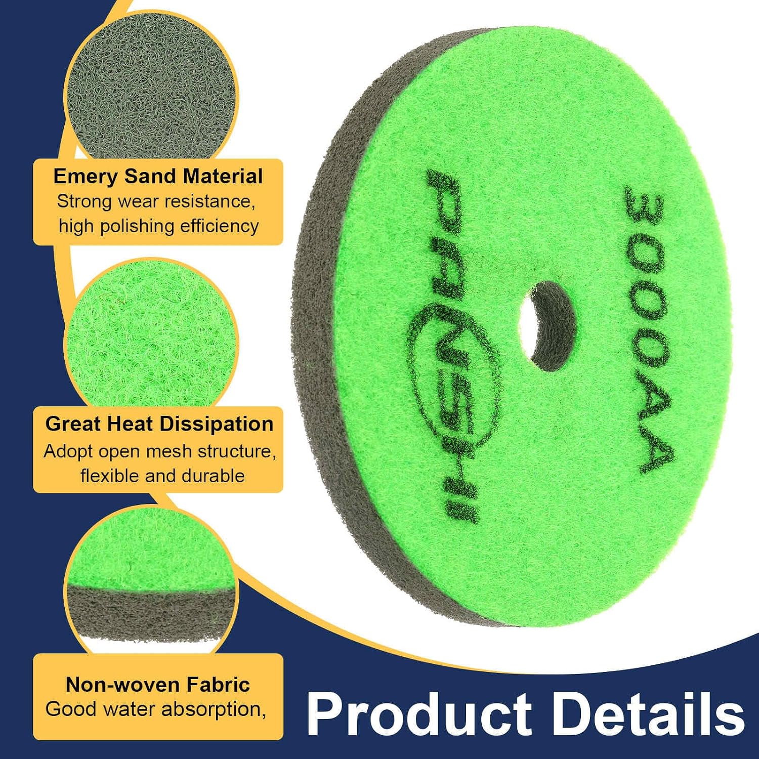 HARFINGTON 2pcs Diamond Sponge Polishing Pads 5" Dia 3000 Grit Emery Sand Fiber Polishing Pad Wet Use Buffing Pad for Stone Concrete Marble Grinder Polisher Buffing Wheel, Green Dark Green