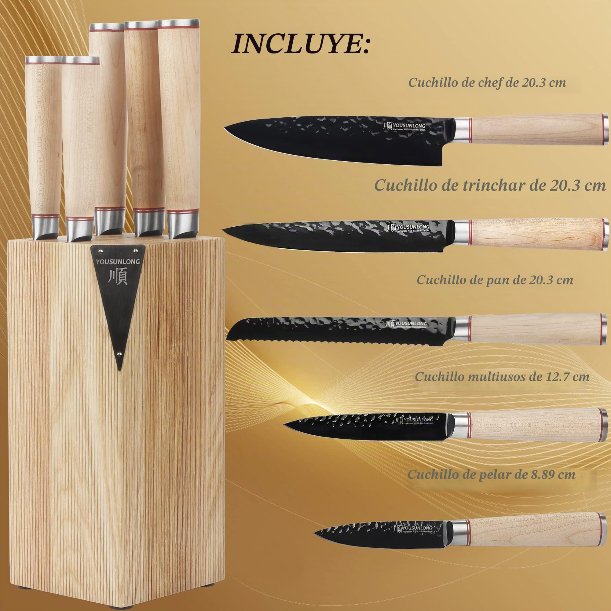 YOUSUNLONG Juego de cuchillos de cocina - 5 piezas - Acero de titanio negro AUS8 japonés - Bloque de cuchillos de madera natural Fraxinus Americana - Mango de arce canadiense
