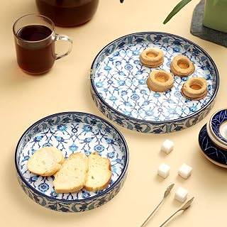 DULI Set of 2 MDF Wood Trays Enamel Coated Round Trays Set of 2 Serving Trays Wooden Tray Kitchen&Dining Decorative Resin Tray Handmade 7x7 & 9x9 inches (Setof2Round- BlueMoroccan)