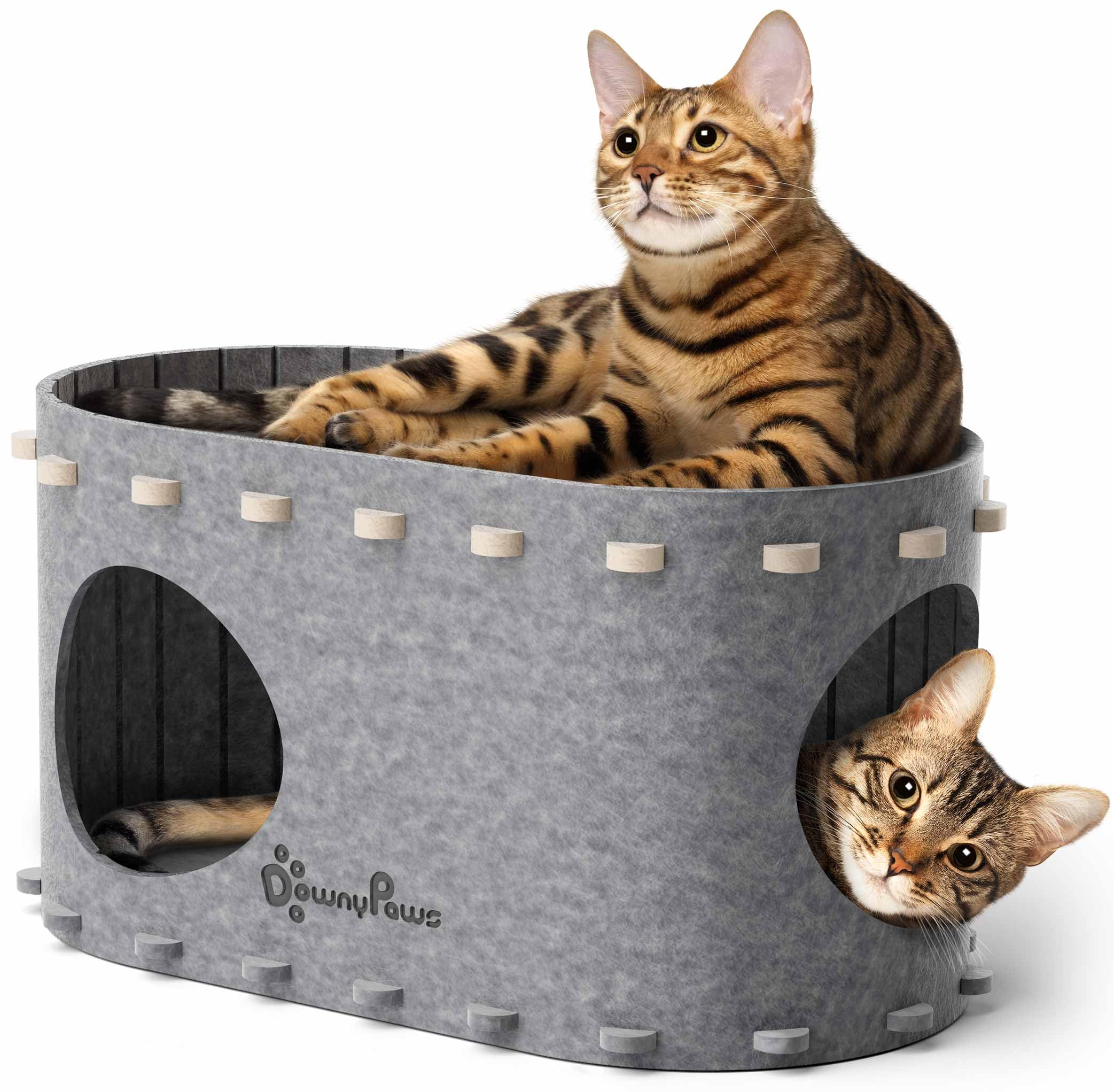 DownyPaws Cuccia Gatto in Feltro, Cuccia Gatto Interno con Doppio Foro che Combina Riposo e Gioco, Cucce per Gatti 58 x 33 x 30 cm Protezione per le Unghie, Facile da Montare e Pulire, Grigio