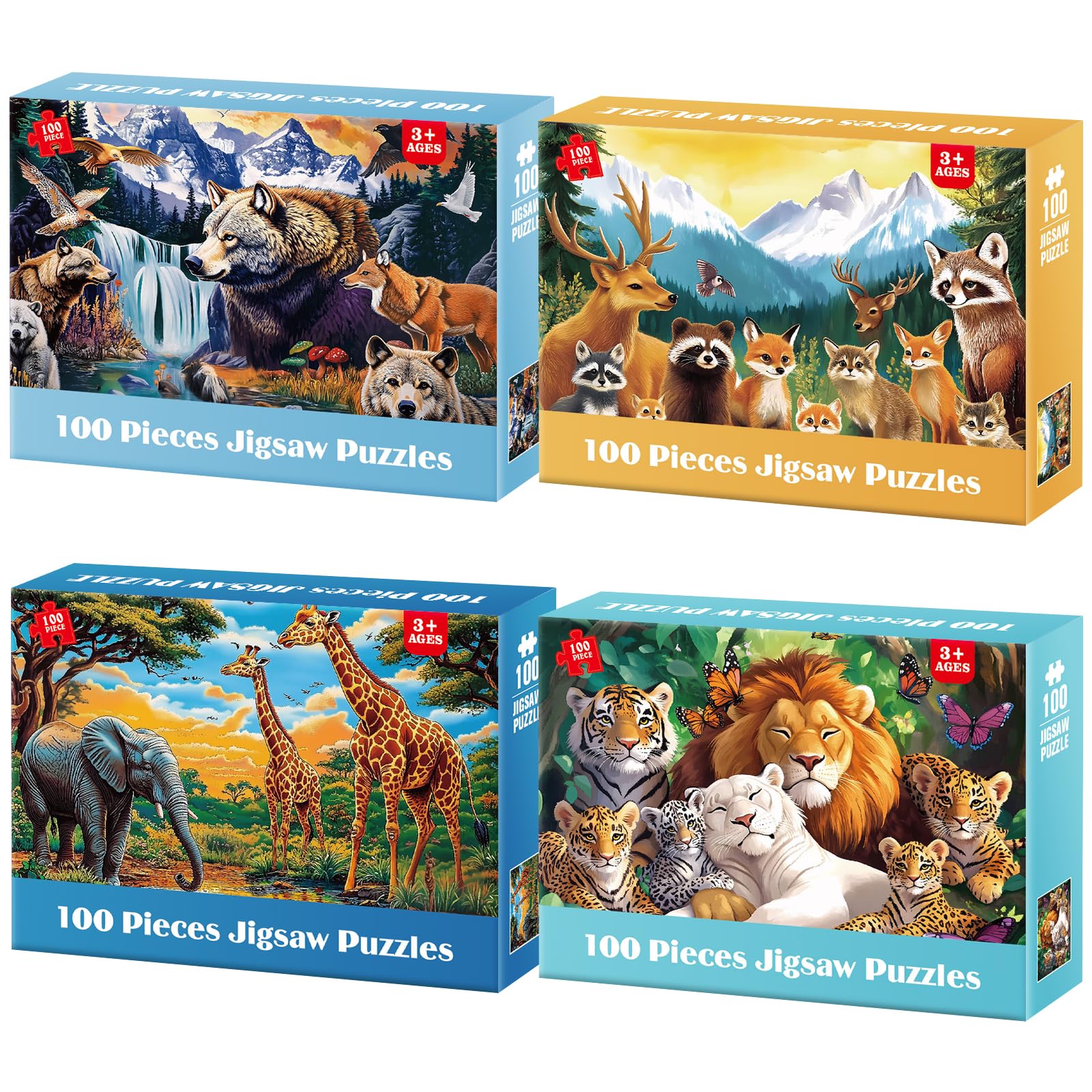 Kids Puzzles Ages 5-8 - Wild Animals Puzzles 100 Piece Jigsaw Puzzles for Kids Ages 4-6 Toddler Puzzle, World of Animals Collection Puzzles Gift Educational Toys for Boys and Girls 4-Pack