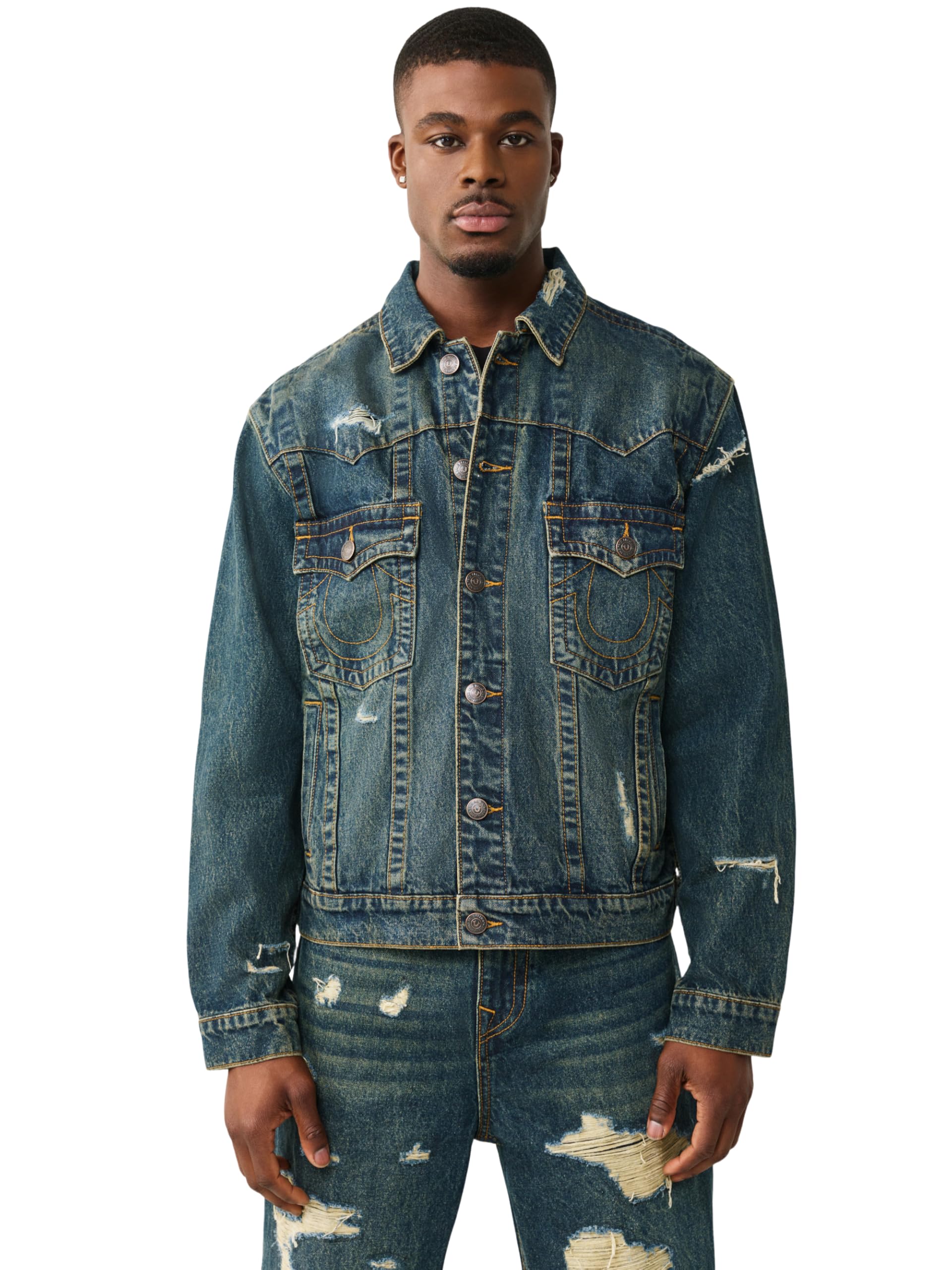 True Religion Men's Destroyed Ovrszd Jimmy Jkt Sn, Rusted Denim Dark Wash, L