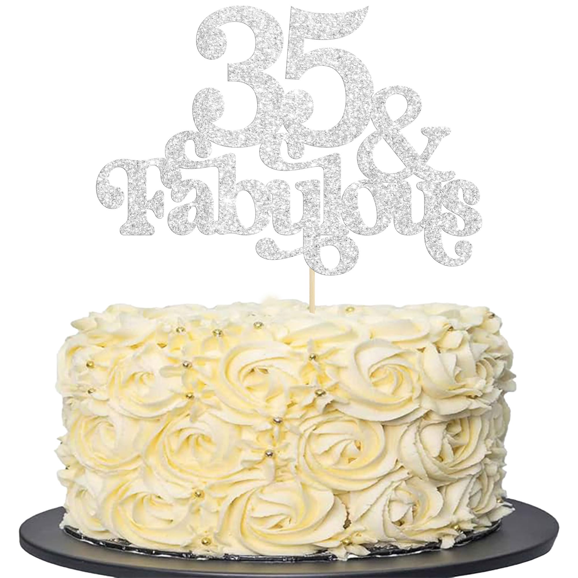 Ephlyn 1Pc 35 & Fabulous Cake Topper Glitter Thirty Five and Fabulous Cake Toppers Happy 35th Birthday Cake Pick for 35th Wedding Anniversary Birthday Party Decorations Supplies Silver