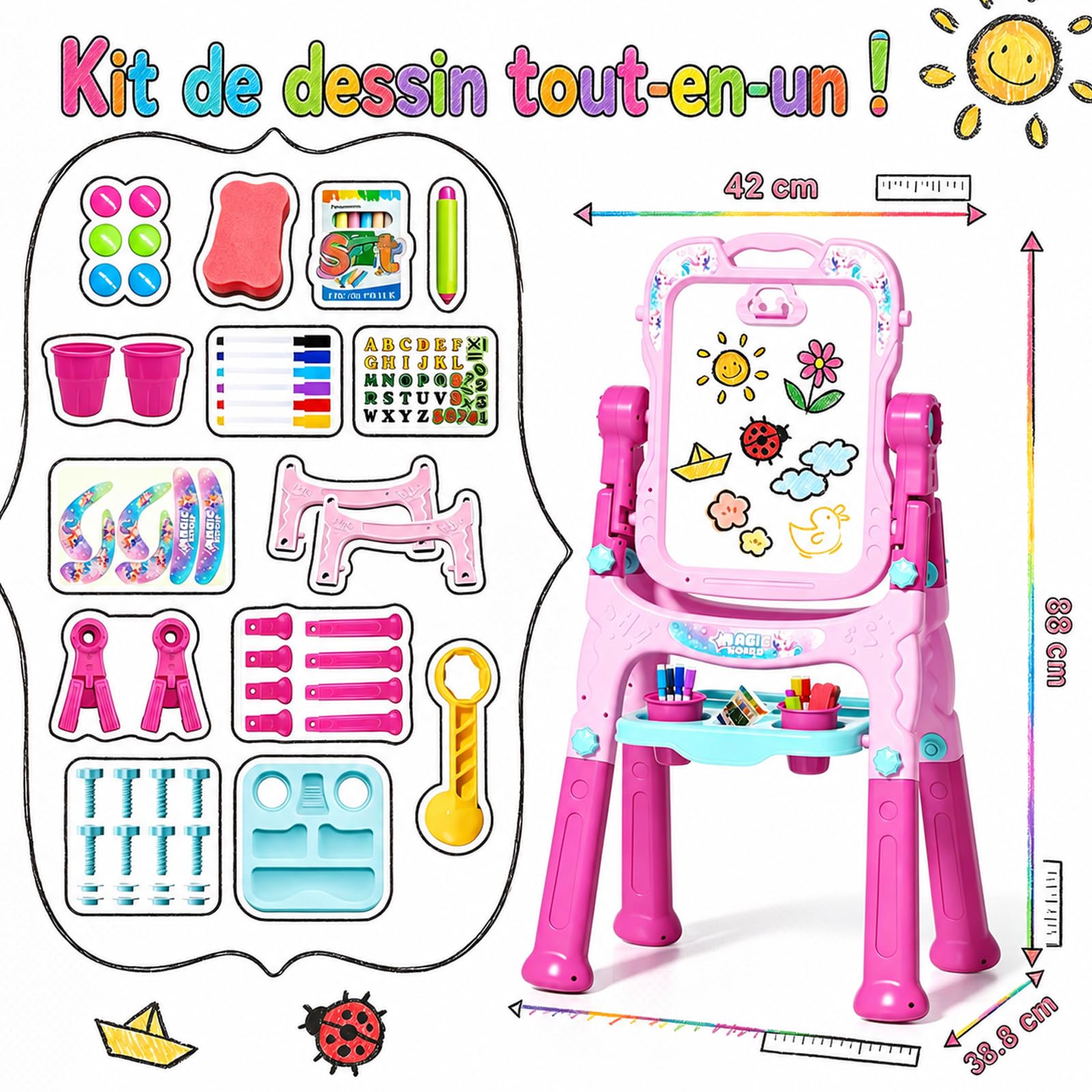 EUCOCO Tableau Enfant Double Face, Jouet Enfant 2 3 4 5 6 Ans Cadeau Fille 2 3 4 5 6 Ans Jouet Fille 1-6 Tableau Chevalet Peinture Educatif Jeux Tablette Dessin Cadeau Anniversaire Filles