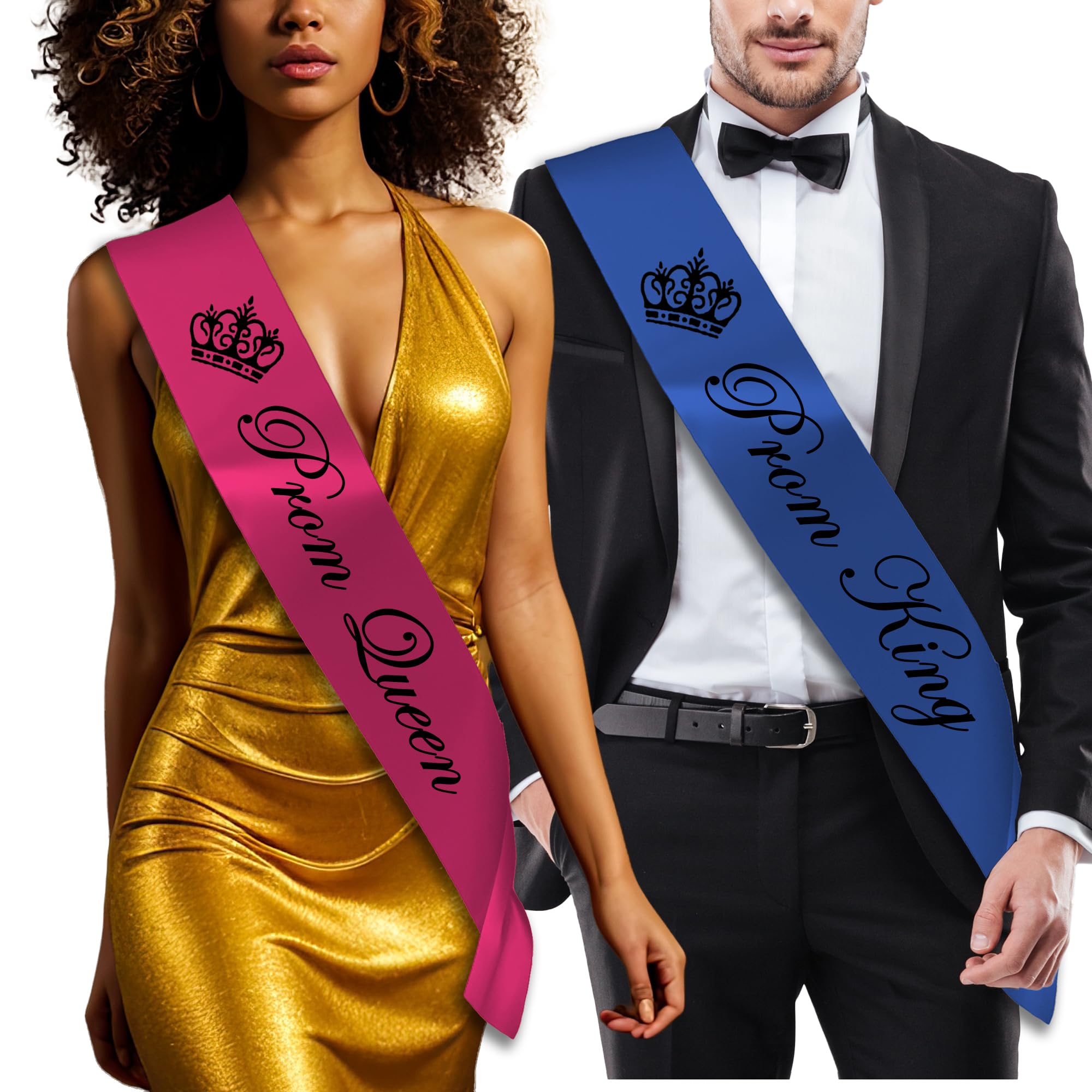 Prom King & Prom Queen Sashes, Set of 2 or Individual, 160cm x 10cm, Gold, Silver, Blue and Pink (Royal Blue & Hot Pink - Prom King & Queen Set)