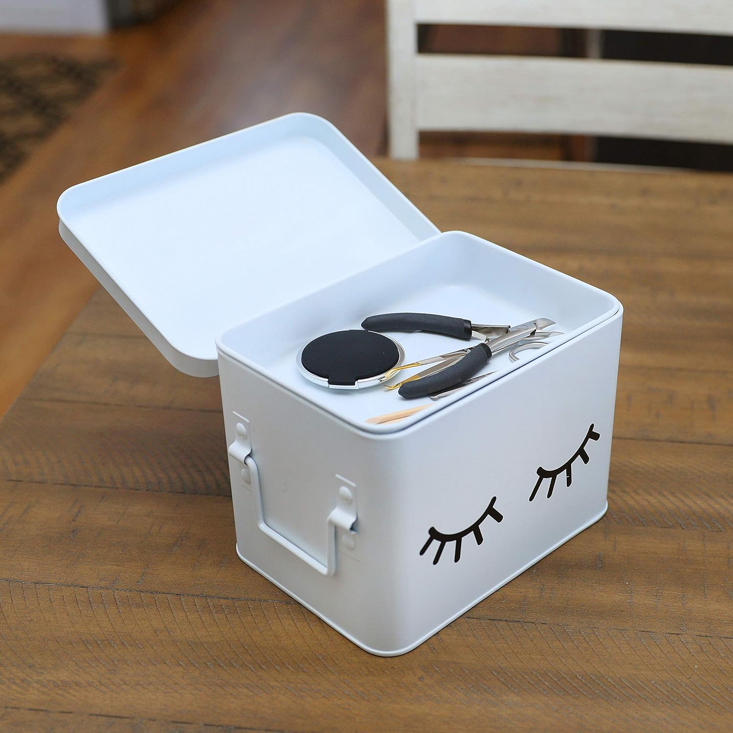 AQ Matte White & Black Metal Storage Box - Removable Tray, Multipurpose Tin with Secure Lid for Cosmetics, Makeup, Toiletries, First Aid - Cute First Aid Box Tin, Minimalist Design