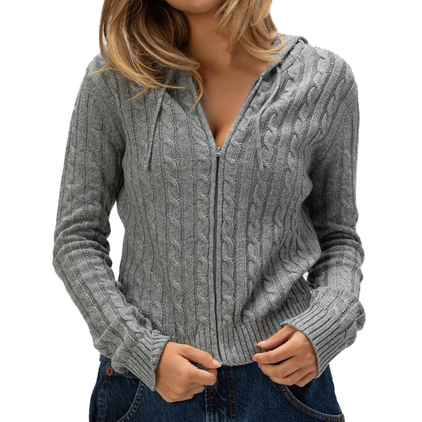 Zip Up Sweaters for Women Y2K Chunky Knit Hooded Cardigan Sweater Long Sleeve Fall Clothes Winter Jackets