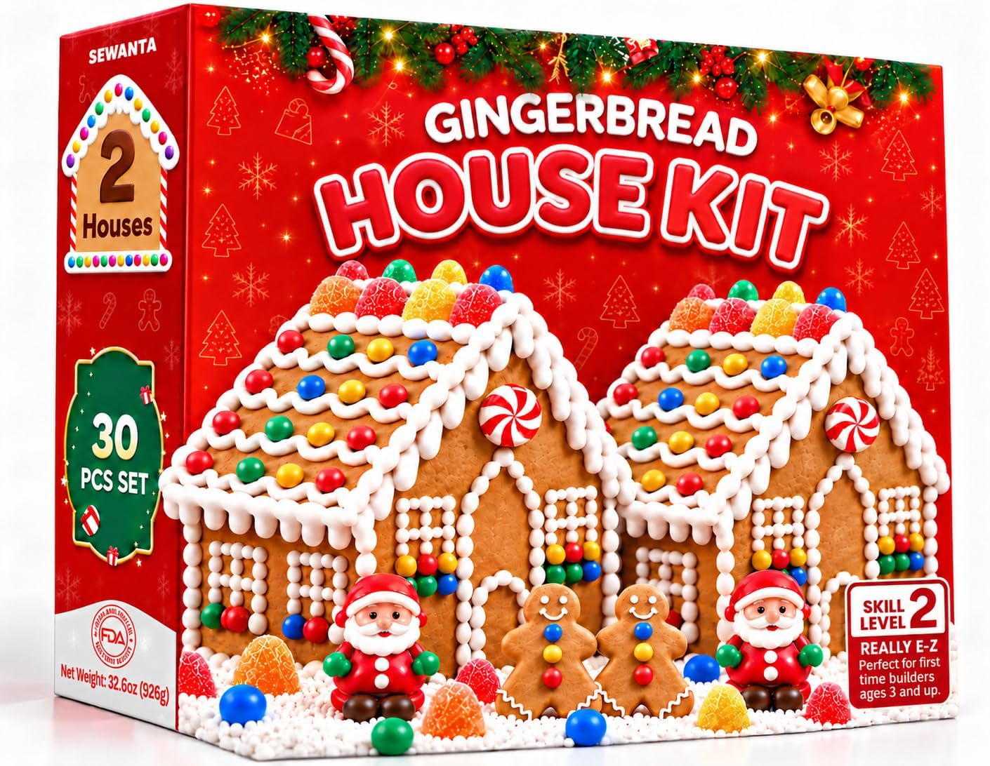 Gingerbread House kit [Set of 2] DIY Gingerbread House, Holiday Activity for Kids, Ease Crafted Grooves Decor Kit of 2 Houses/4 ppl/Fondant/Snowflakes/Candies/Jellies/Beads/Buttons/Tray 30 Pcs Set