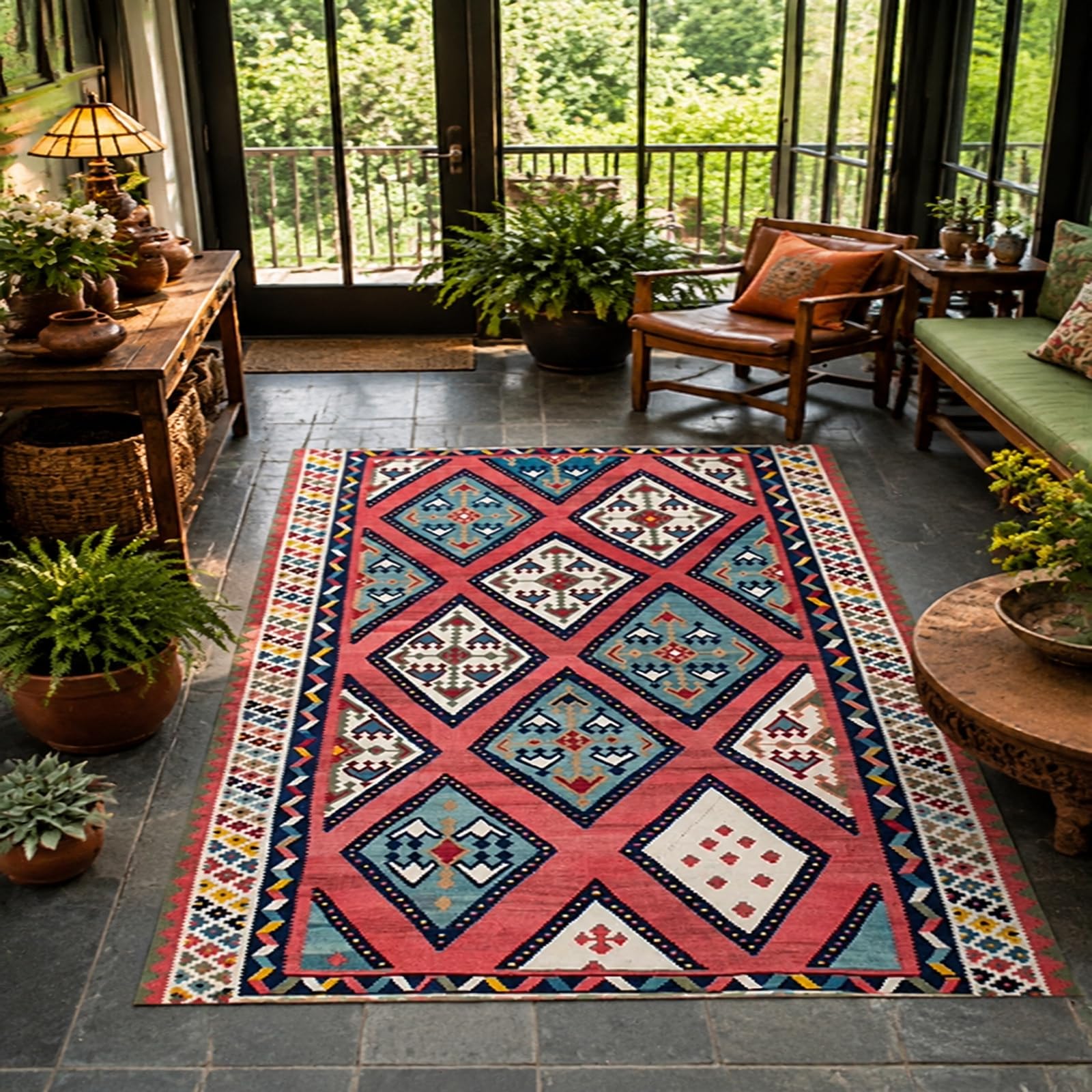 Tappeti di zona, 80 x 160 cm, Rosso orientale blu bianco rosso beige, Tappeto Lavabile, Rugs Decorativa per Tavolino Salotto, Armadio Camera da Letto,