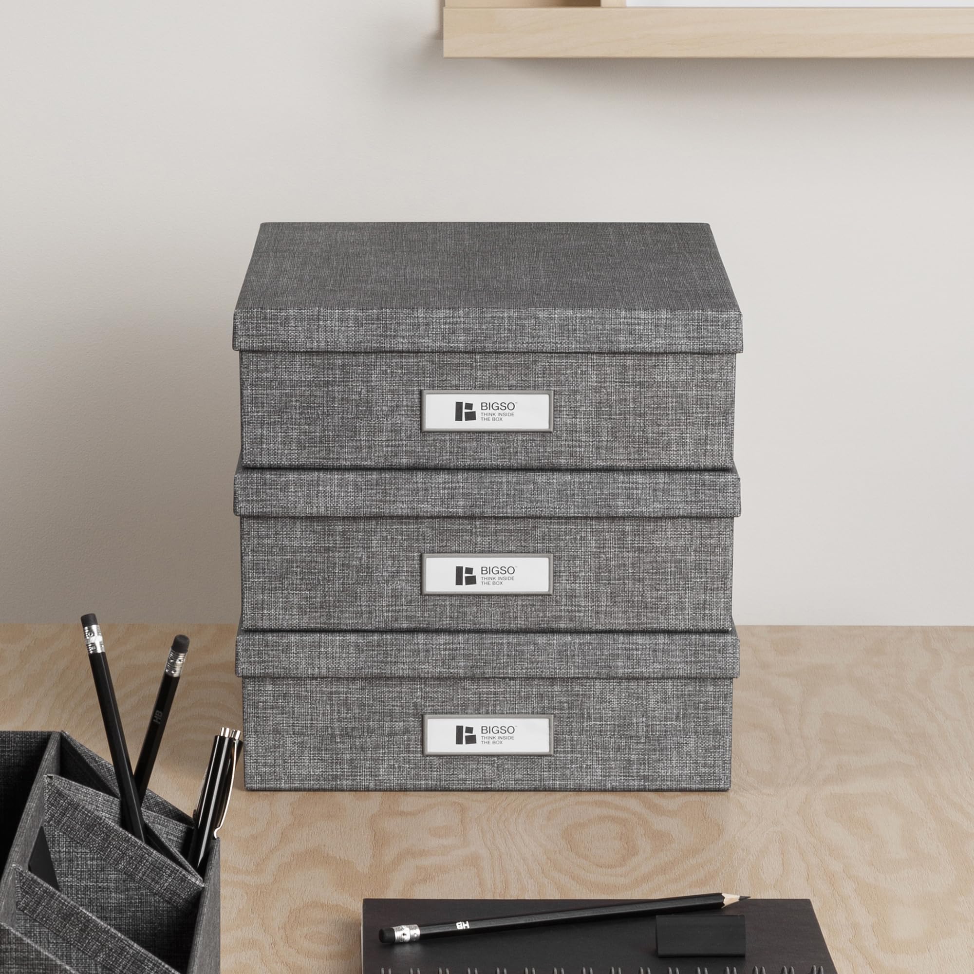 Bigso Oskar - Cassetta delle lettere per documenti importanti formato A4 o lettera, resistente, con coperchio e porta etichette in metallo, 8,4 x 25,9 x 35,1 cm, grigio melange