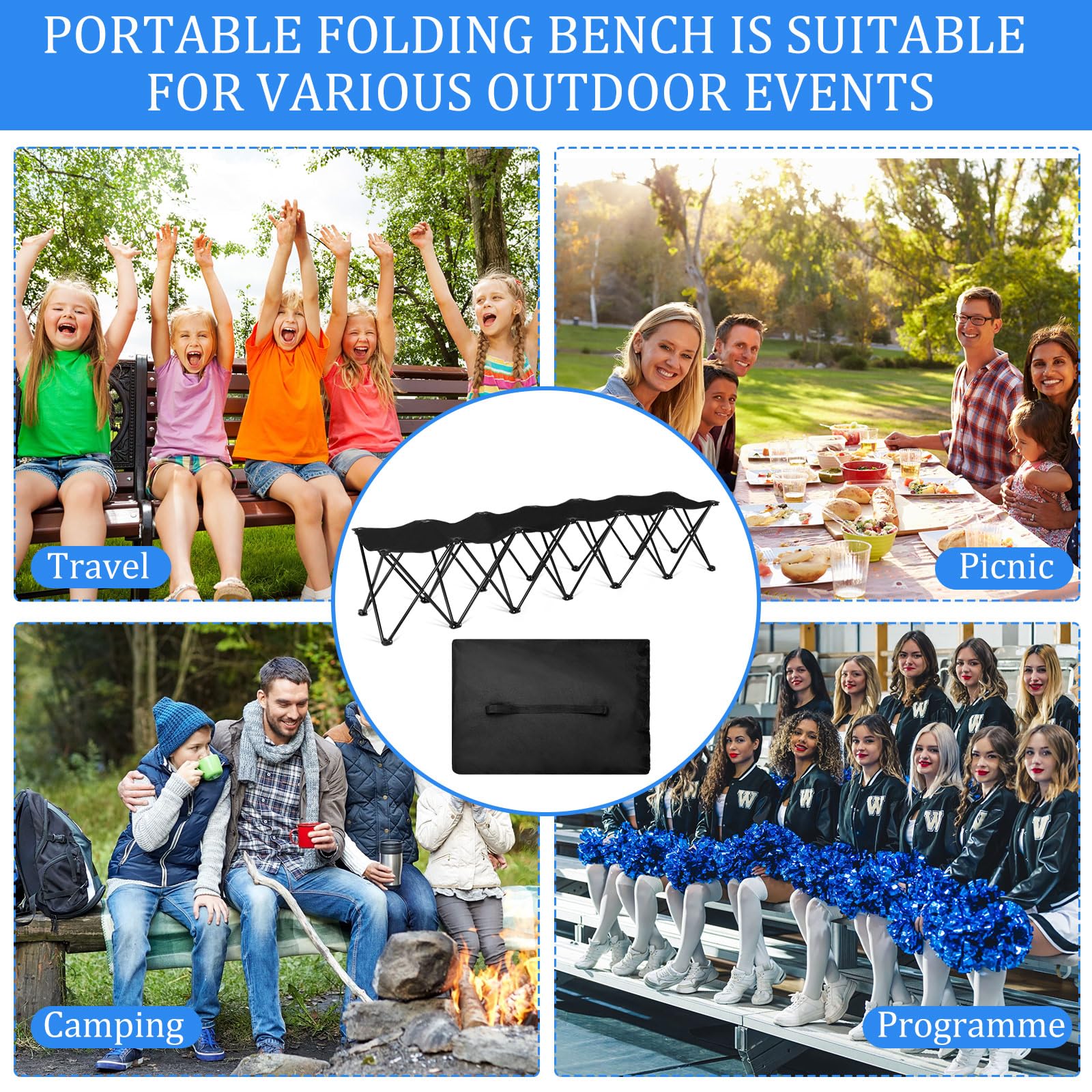 Banco portátil de equipo de 2 piezas, banco plegable para deportes de equipo con bolsa de transporte, sillas laterales plegables impermeables para deportes al aire libre, fútbol, fútbol 6