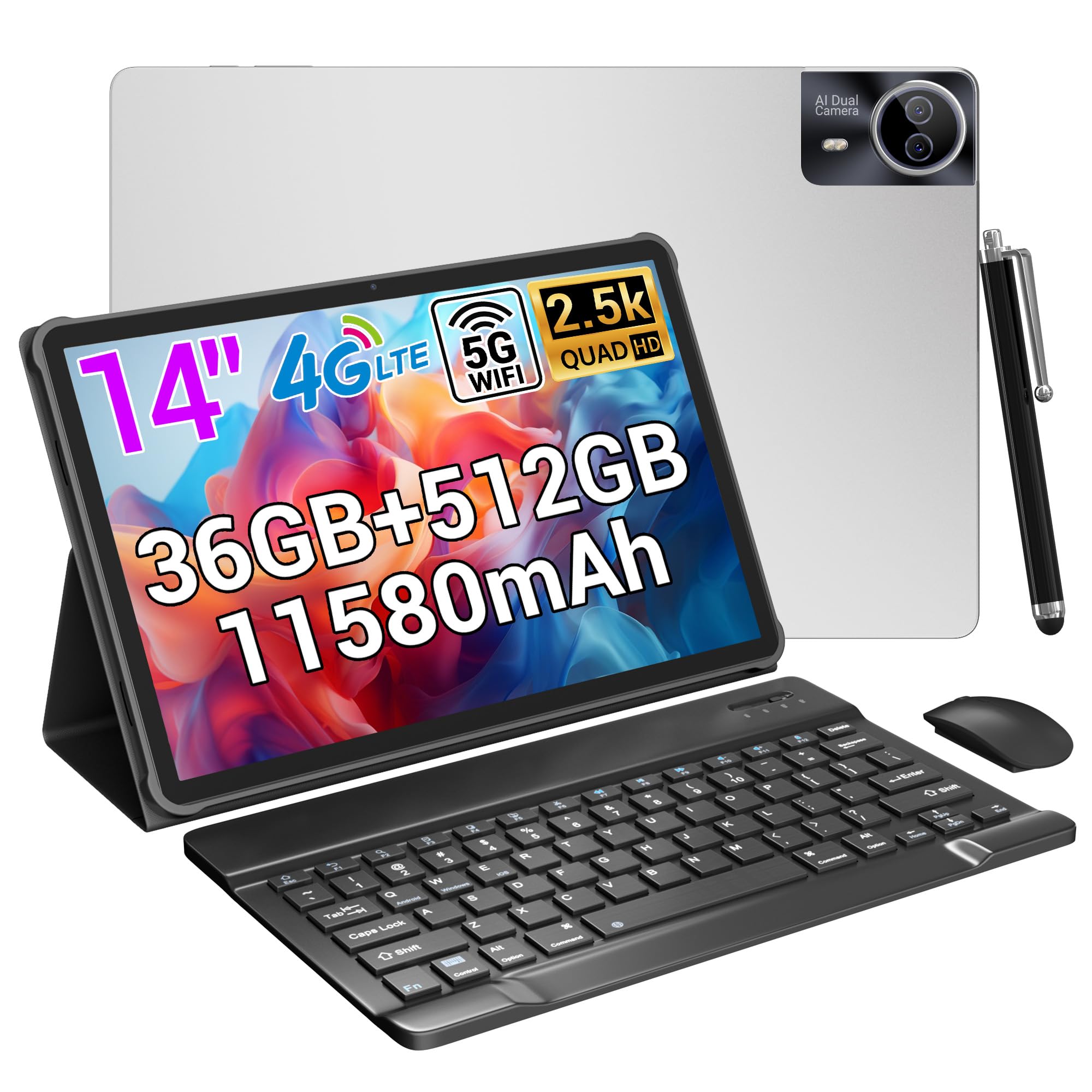 14 Zoll Tablet, 2.5K Display, 36GB RAM + 512GB ROM (1TB erweiterbar), 4G LTE Dual SIM + 5G WiFi, Quad-Speaker/Gemini AI/GPS/GMS/11580mAh/13MP, Android 15 Tablets mit Tastatur/Maus/Hülle/Kopfhörer/Pen