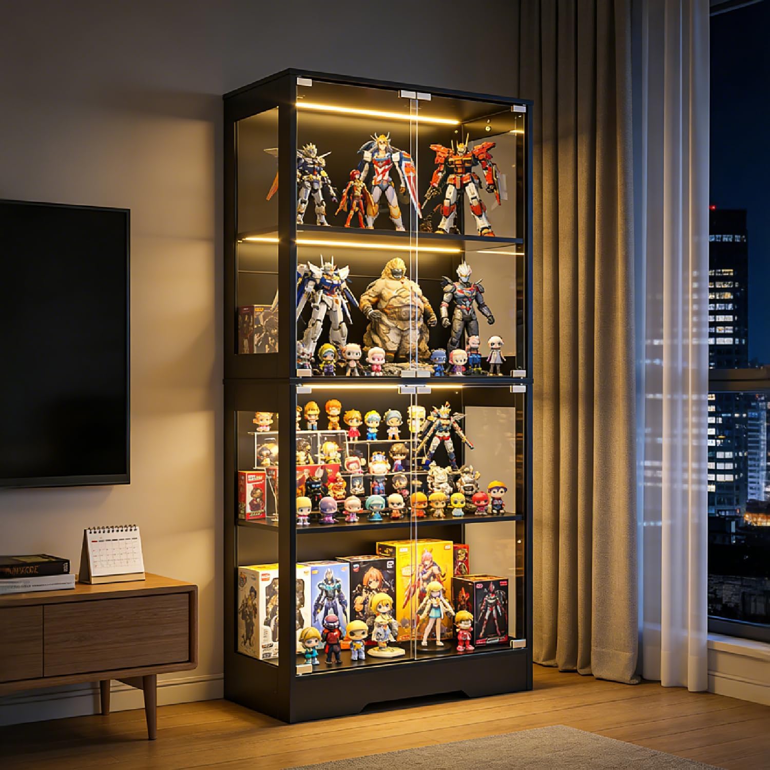 GINGO 2 Pack 5.5 Ft Display Cabinet with Glass Doors, 4-Tier Curio Cabinet W/ 3 Color Lights for Collectibles, Glass Display Case with Human Body Sensor, Bookcase W/ 4 Shelves, Storage Cabinets, Black