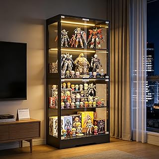 GINGO 5.5 Ft Display Cabinet with Glass Doors, 4-Tier Curio Cabinet with 3 Color Lights for Collectibles, Glass Display Case with Human Body Sensor, Bookcase with 4 Shelves, Storage Cabinets, Black