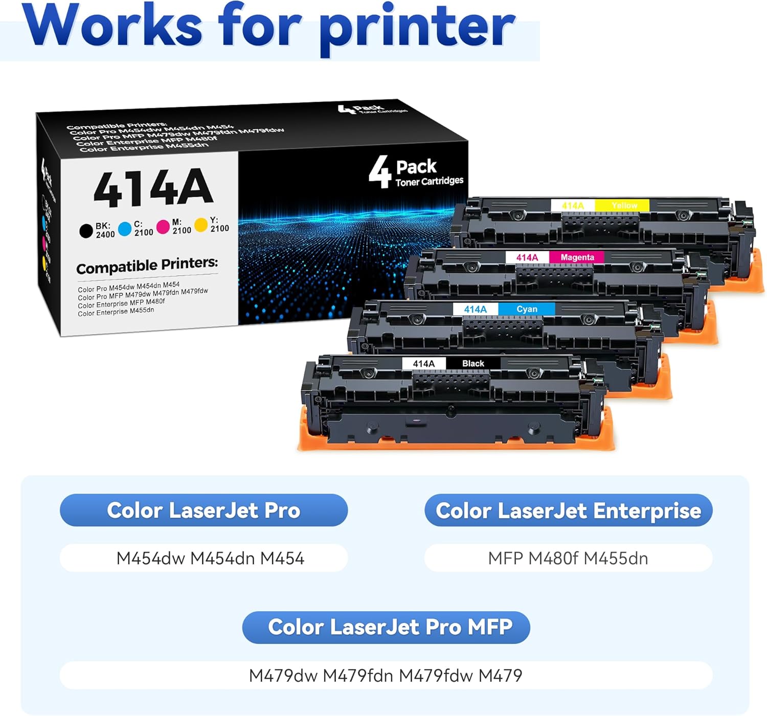 414A Toner Cartridges 4 Pack Compatible for HP 414A 414X Toner Replacement for Color Laserjet Pro MFP M479fdw M479fdn, Pro M454dw M454dn M454, M455dn MFP M480f Printers(Black/ Cyan/ Magenta/ Yellow)
