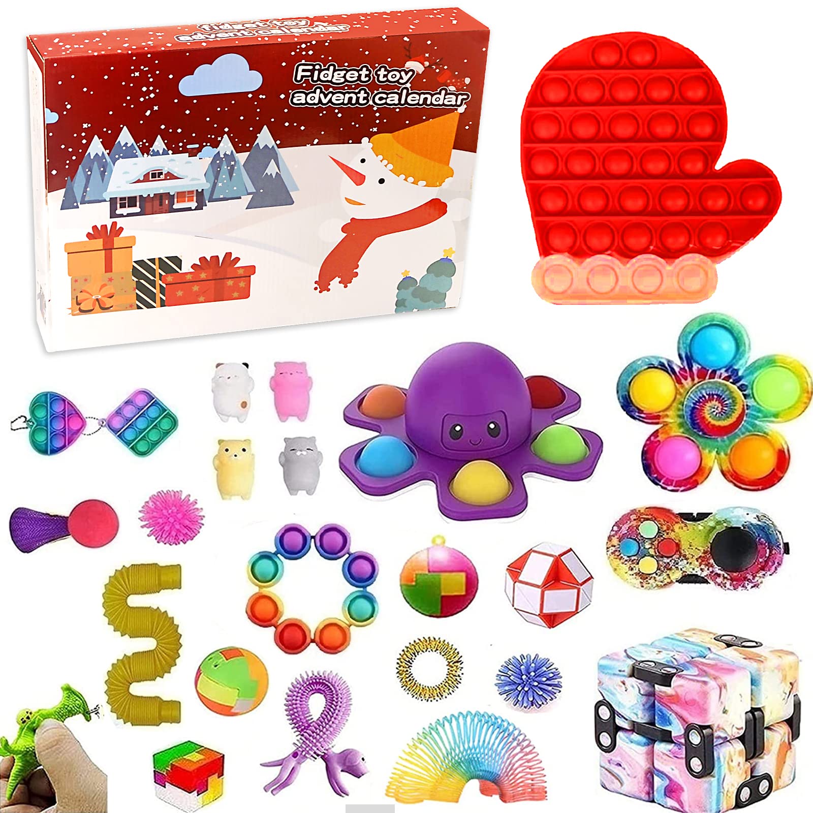 Kocuos Christmas Fidget Advent Calendar 2021 for Kids Xmas Countdown Calendar Pop Bubble Sensory Toy Pack, 24 Days Xmas Set with 24 Surprise Toy for Kids, Christmas Party Favor Gift (Red-Glove)