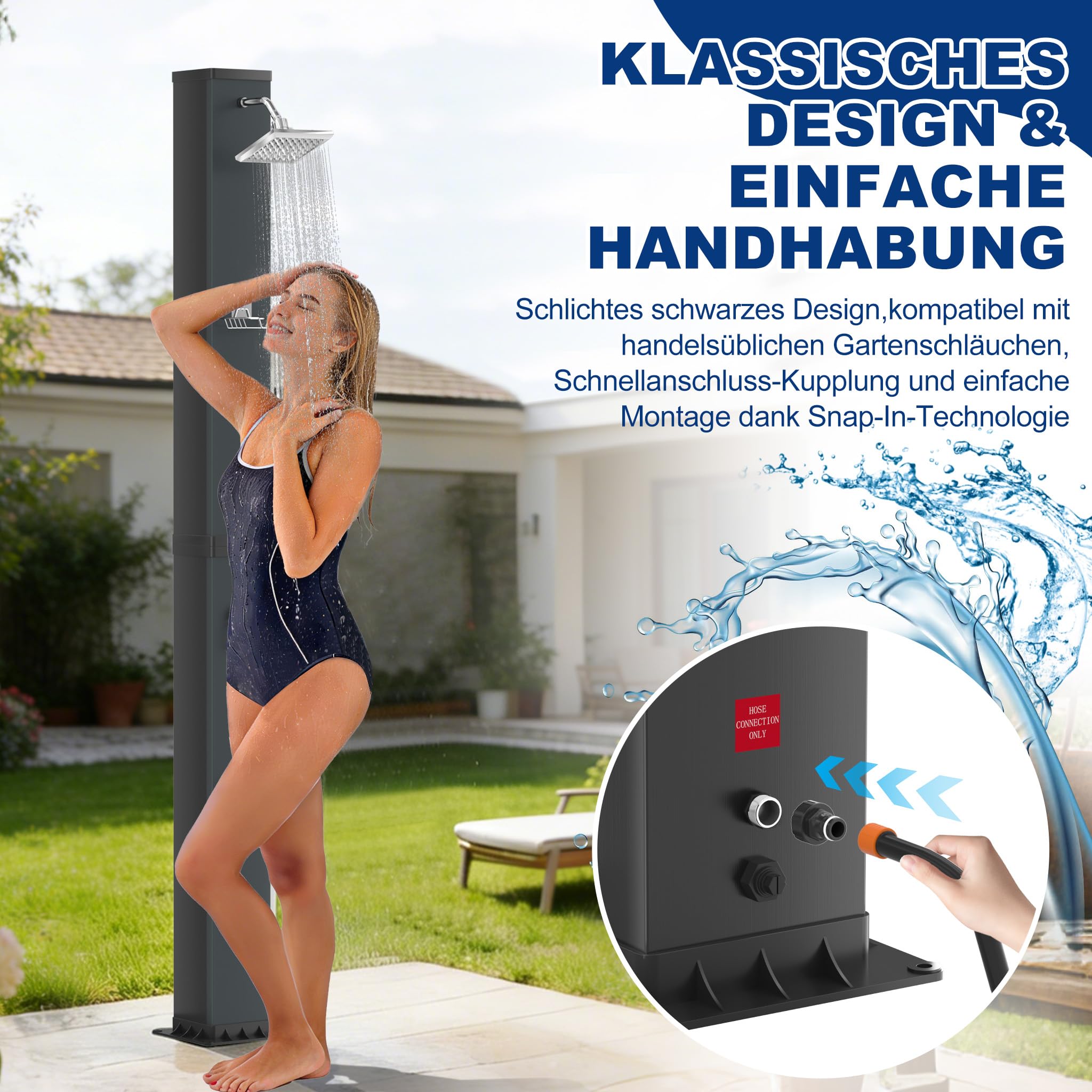 LZQ Prysznic solarny 40 l, prysznic ogrodowy, solarny z wbudowanym termometrem i prysznicem nożnym, prysznic basenowy 60 °C, ciepła woda bez prądu, prysznic zewnętrzny z obrotową głowicą prysznicową i