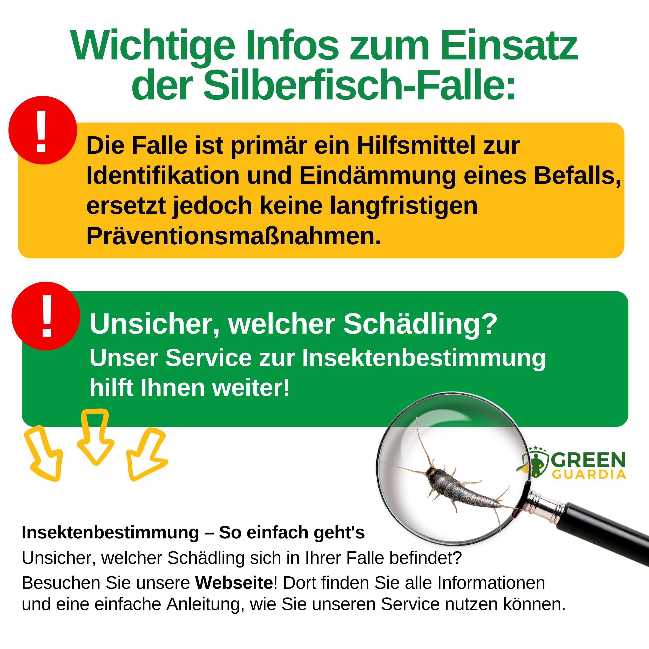 GREEN GUARDIA Silberfischfalle mit Pheromon-Lockstoff - 10x Fallen - umweltfreundlich Silberfische bekämpfen, Chemiefreie Pheromonfalle mit austauschbaren Klebeflächen, giftfrei und geruchsneutral