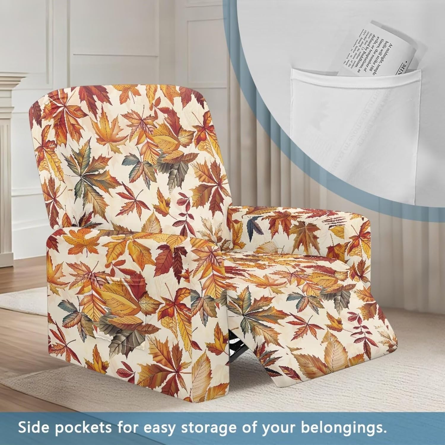 FOR U DESIGNS Fall Maple Leaves Recliner Slipcover with Elastic Loops Side Pockets Machine Washable Protective Cover for Reclining Chairs Living Room Furniture
