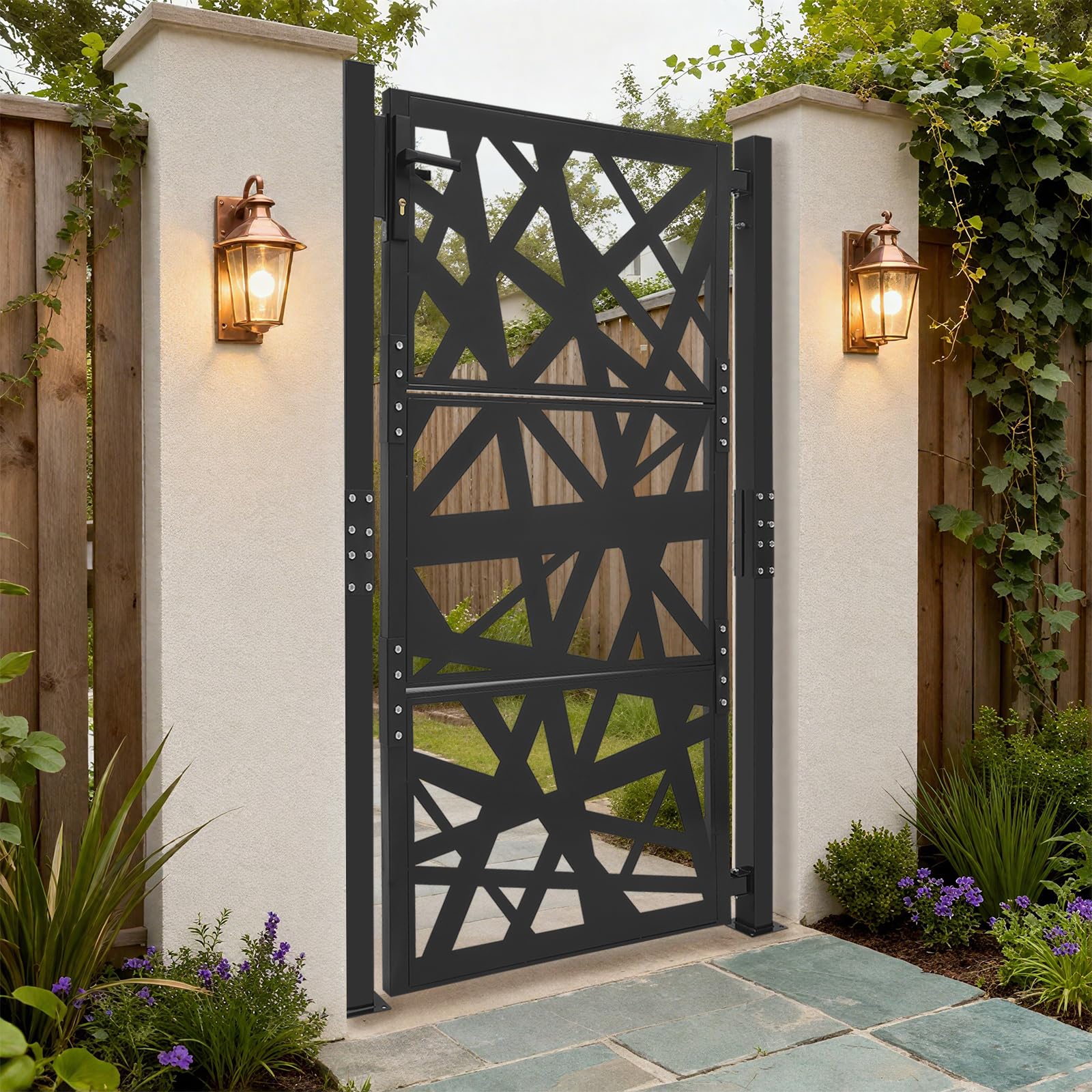 Gartentor Metall Gartentür aus Stahl, abschließbar Hoftor Eingangstor für Garten, Terrasse und Einfahrt mit geometrisches Lochmuster-Design, 175 cm hoch (Schwarz)