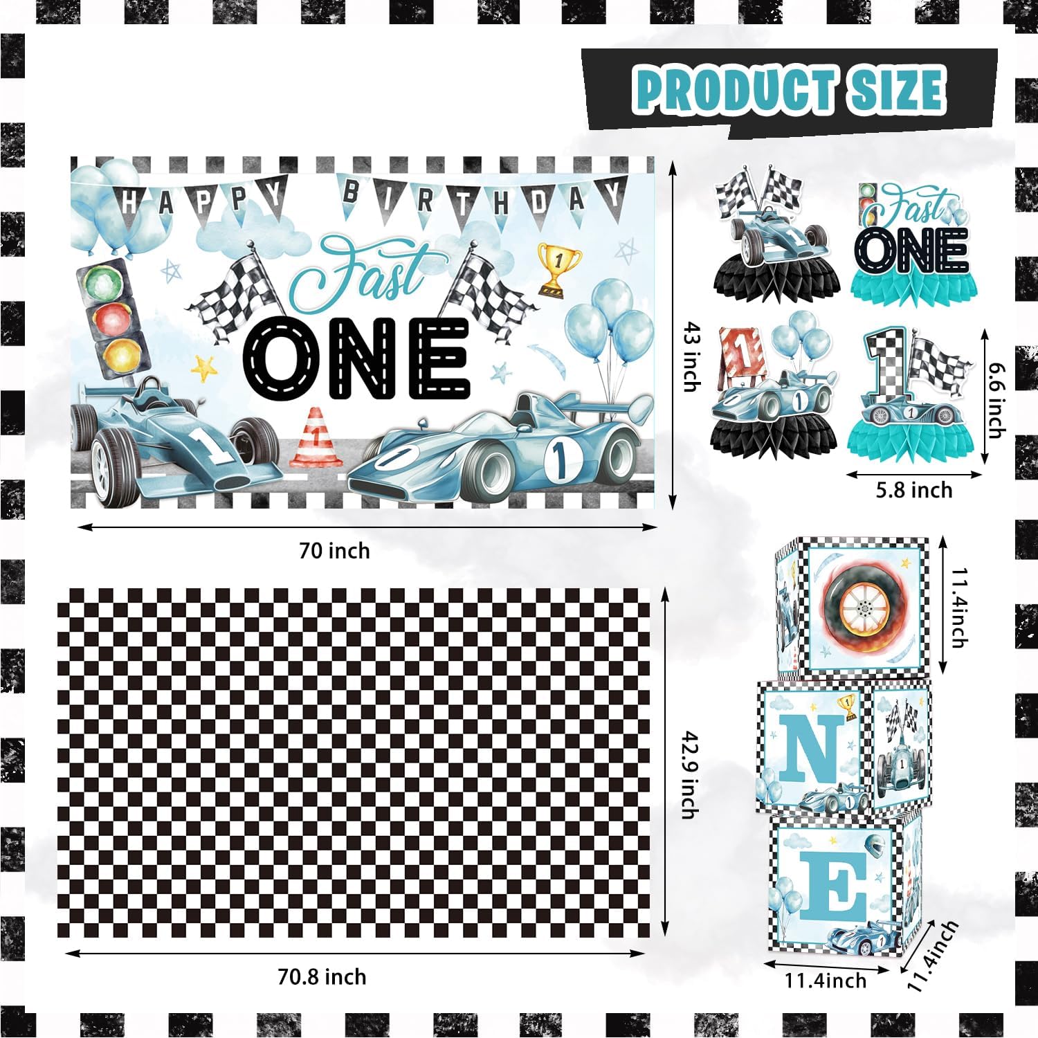 Mpanwen Fast One Birthday Decorations for Boys, 143Pcs Race Car Racing 1st Party Decor Supplies for Baby - Banner, Cake Toppers, Balloons, Tablecloth, Centerpieces, Crown, Poster, Boxes, Wall Signs - Image 4