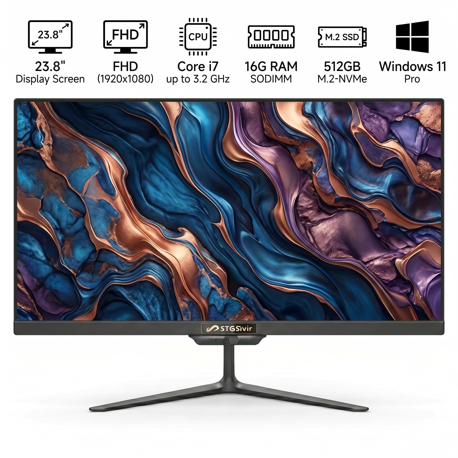 STGsivir Ordinateur Tout en Un, Écran 23.8" FHD, Core i7, 16G RAM, 512G SSD | PC Tout en un, WiFi, BT 5.0, Webcam, Win11 Pro, Noir, All in One PC for Maison & Bureau