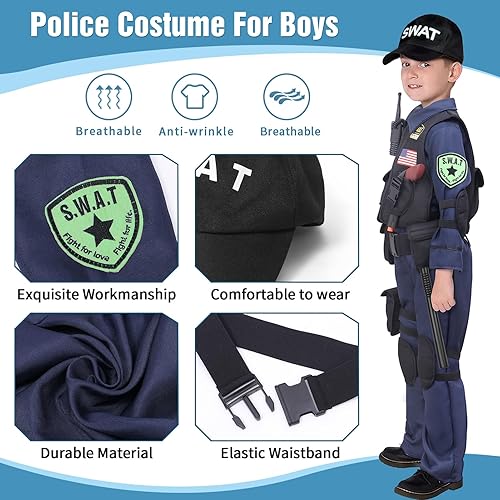 Miniatura 4 de Latocos Disfraz de oficial de policía SWAT de 15 piezas para niños con chaleco, accesorios de policía, juego de rol para Halloween y cosplay
