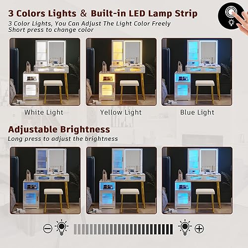Miniatura 3 de Escritorio LED con espejo y luz, escritorio de maquillaje con estación de carga 3 en 1, juego de tocador con taburete tapizado, mesa de maquillaje