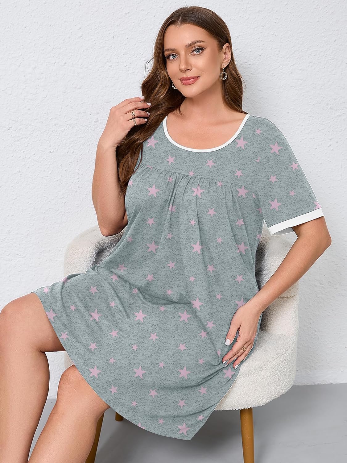 AusLook Plus Size Women's Nightgown Short Sleeve Sleep Dress Sleepwear Sleepshirts Pleated Scoopneck Nightshirt 1X-5X - Image 6