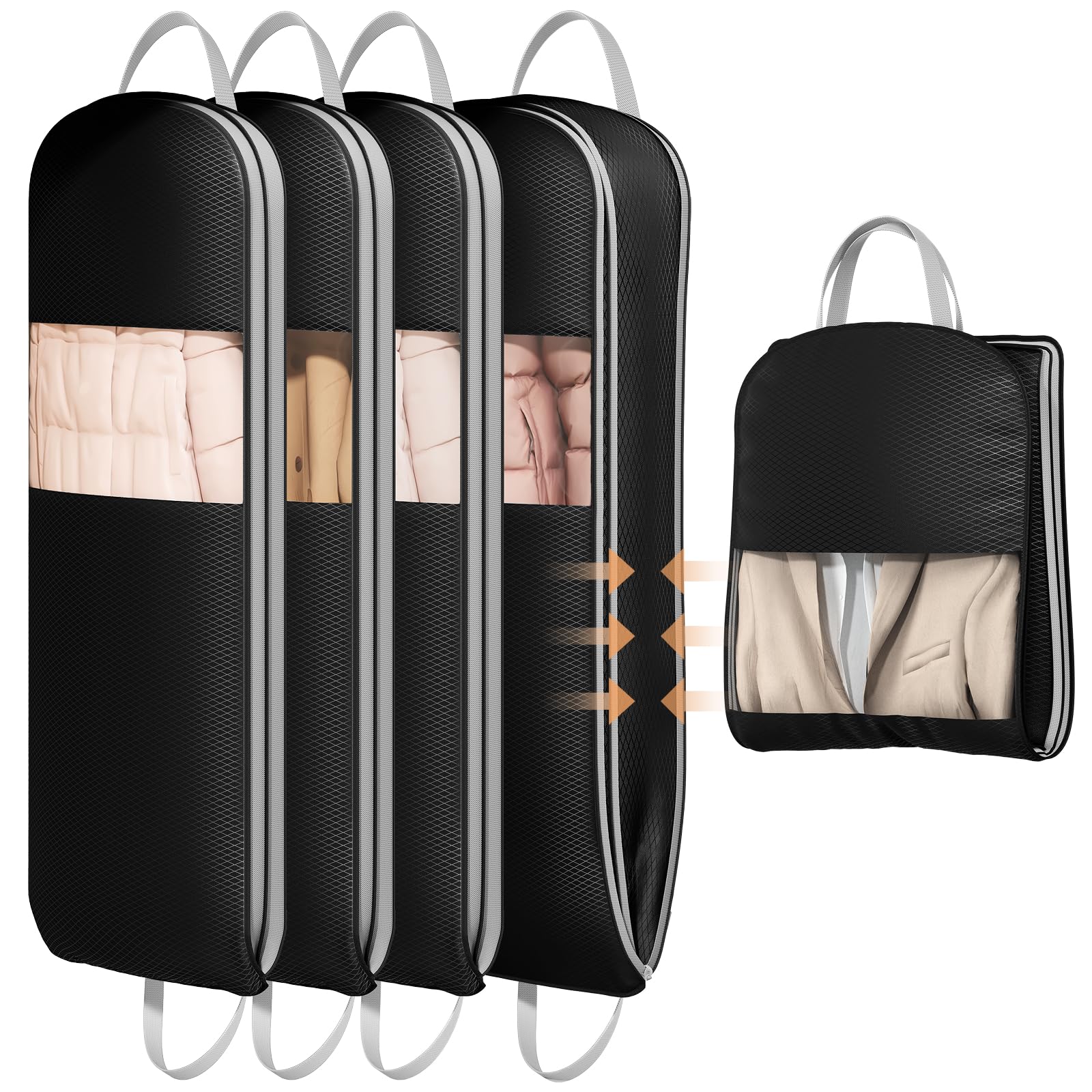 DIMJ 4 Pack 54" Garment Bags for Hanging Clothes - Space Saving Compression Suit Bag Travel with Handles Window, Washable Carry Clothing Storage Cover for Dress, Coats, Down Jacket, Shirts