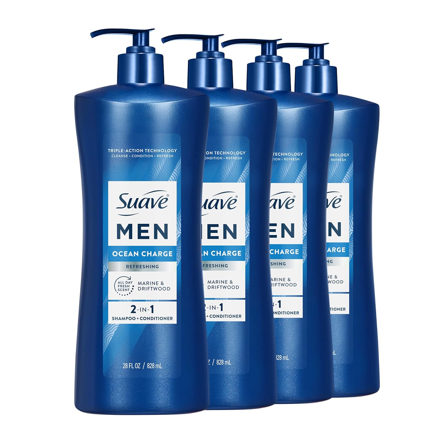 Suave Men Ocean Charge 2 in 1 Refreshing Shampoo & Conditioner with Pro Vitamin B5, Hydrates & Revitalizes Hair, Ocean Fresh Scent, 4 Count, 28 FL OZ Pump