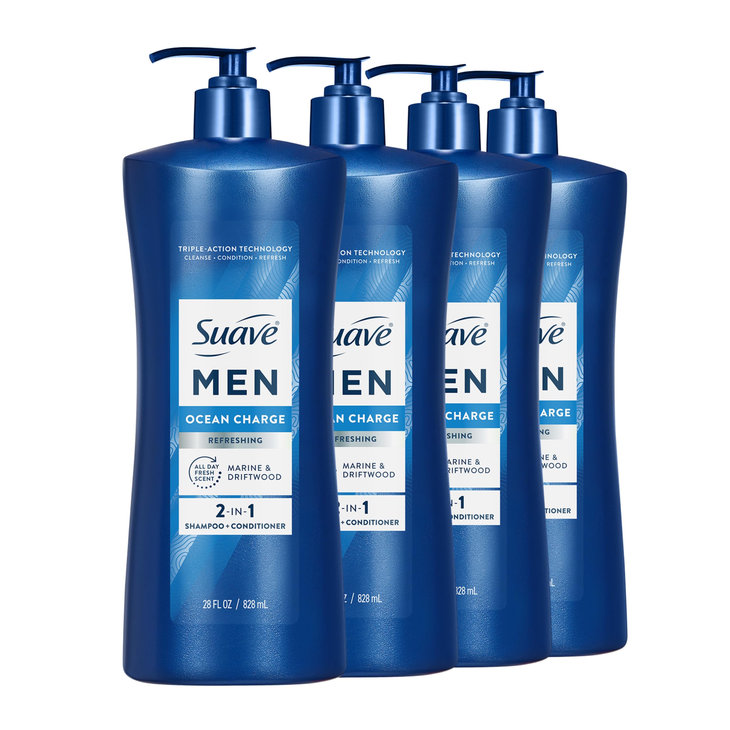 Suave Men Ocean Charge 2 in 1 Refreshing Shampoo & Conditioner with Pro Vitamin B5, Hydrates & Revitalizes Hair, Fresh Scent, 4 Count, 28 FL OZ Pump