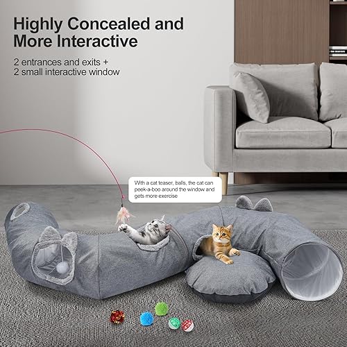 Miniatura 3 de Odoland Túneles de lino de verano para gatos de interior con cama central de enfriamiento, juguetes interactivos para gatos, tapete suave Gris