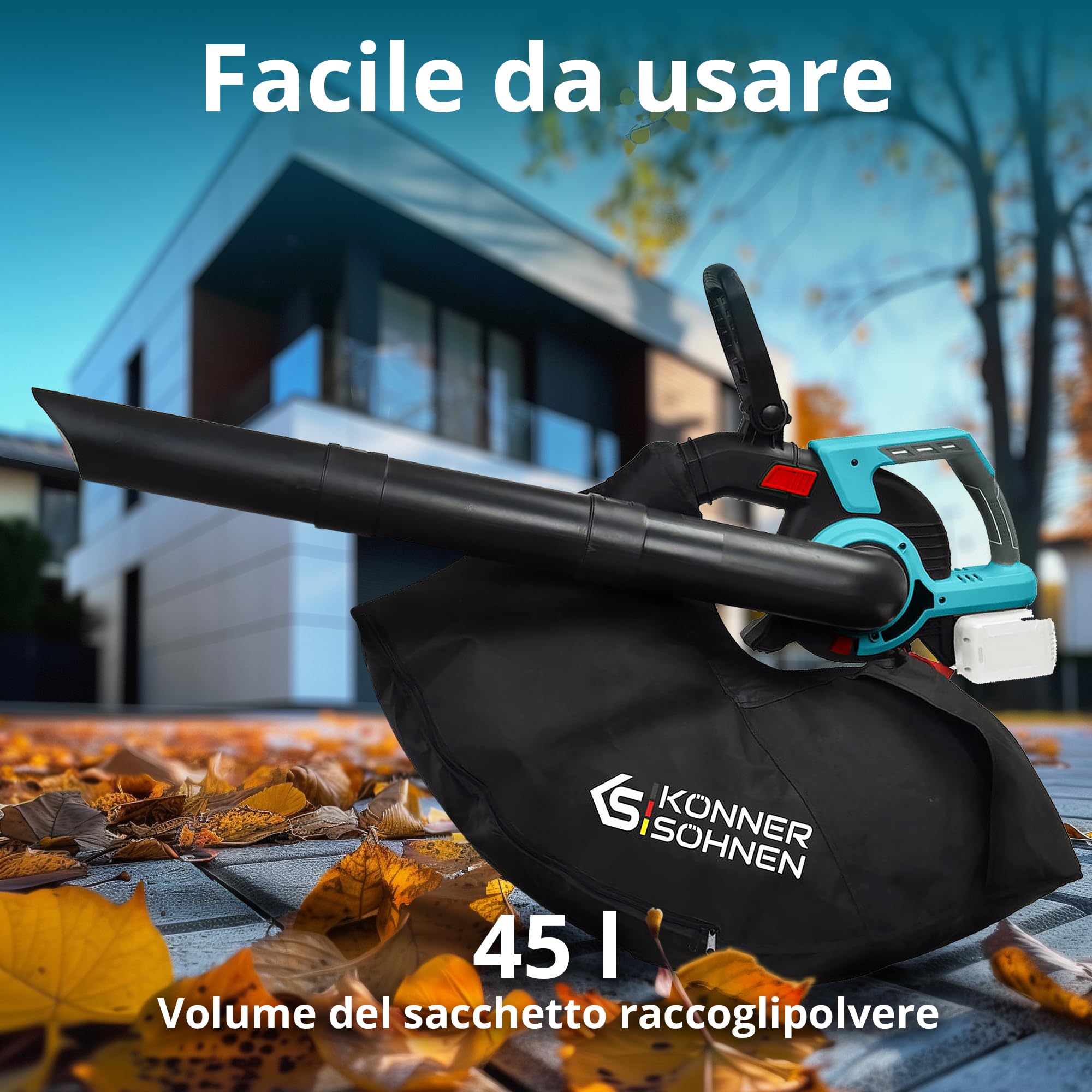 Aspirapolvere da giardino a batteria con funzione di triturazione delle foglie KS LBV-40V, tensione nominale 40 (20+20) V, regime minimo 1630 giri/min, volume del sacco aspirante 45 l