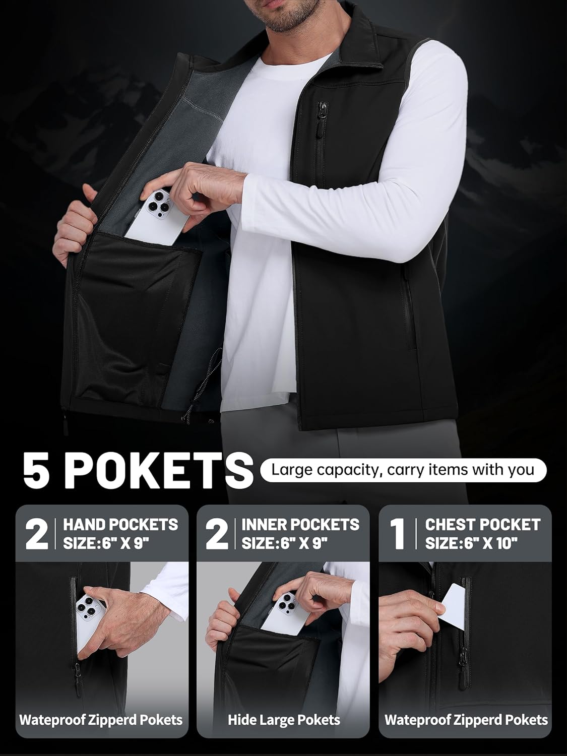 Mens Waterproof Golf Vest Fleece Lined Warm Outerwear Softshell Windproof Sleeveless Lightweight Winter Jacket - Image 4