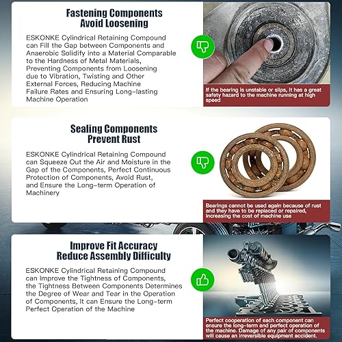Miniatura 5 de ESKONKE Retención Compuesto Verde 620 Manguito Retenedor Componentes metálicos cilíndricos de alta resistencia Asambleas Bloqueo y sellado Pegamento