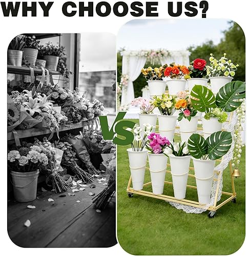 Miniatura 5 de Soporte de exhibición de flores de 3 niveles con 12 cubos, carrito de plantas de flores de metal resistente con ruedas, barra de flores de gran